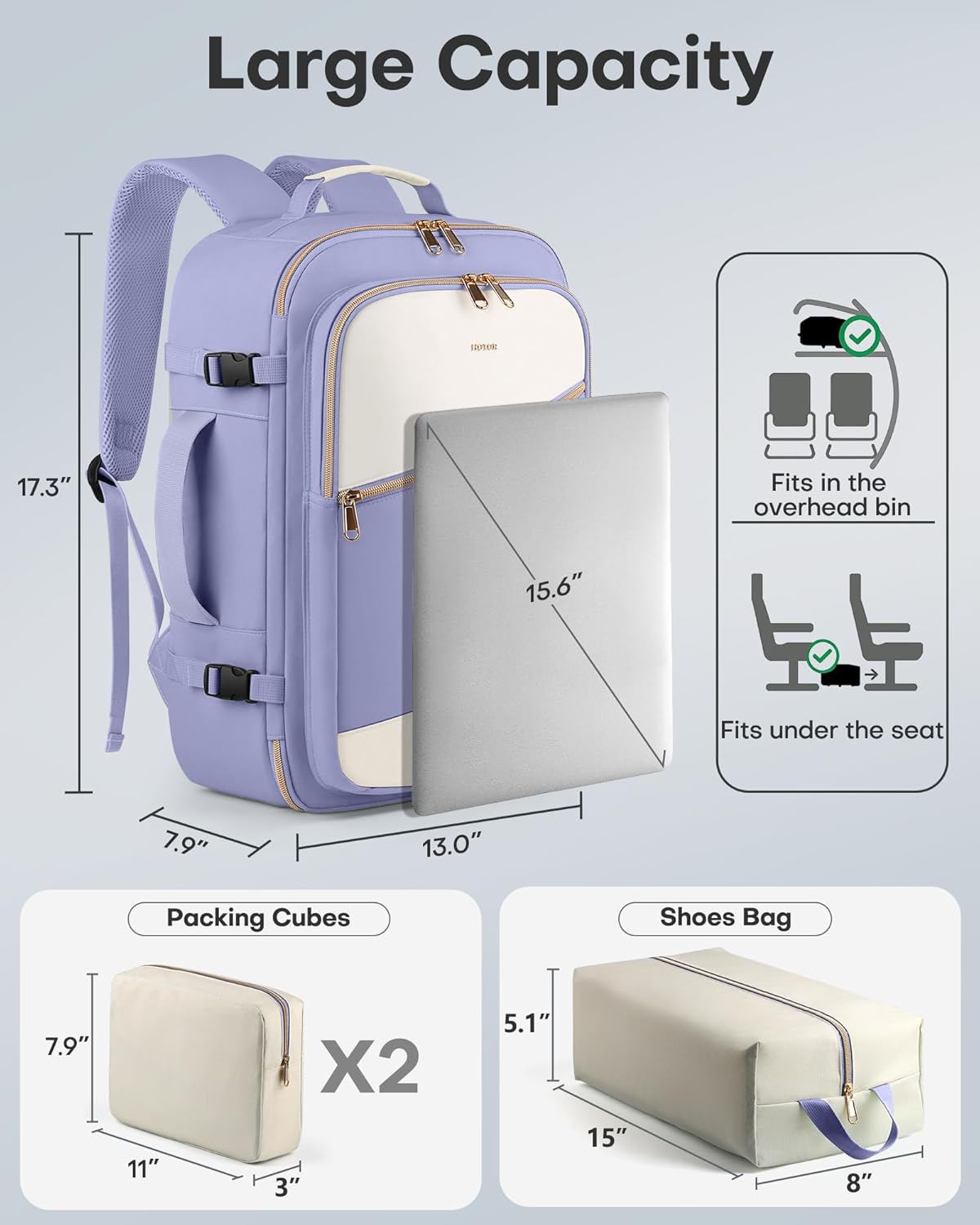 HOTOR Travel Backpack for Women – TSA-Friendly Travel Bag with Multiple Compartments & 3 Packing Cubes, Water-Resistant & Comfortable, Perfect for Travel Essentials, Purple, 17.3" x 13.0" x 7.9"
