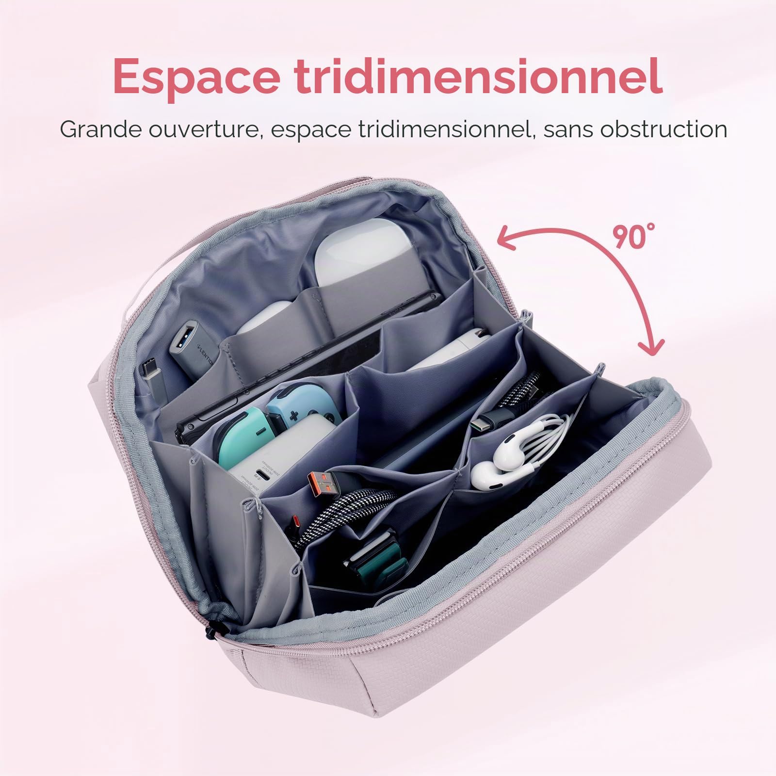 LENTION Sac de Rangement Câble, Pochette Câble de Voyage, Organisateur Électronique, Tech Pouch pour Accessoires Techniques USB Câbles, Chargeur, Batterie Externe, Carte SD, Objets Quotidiens (Rose)