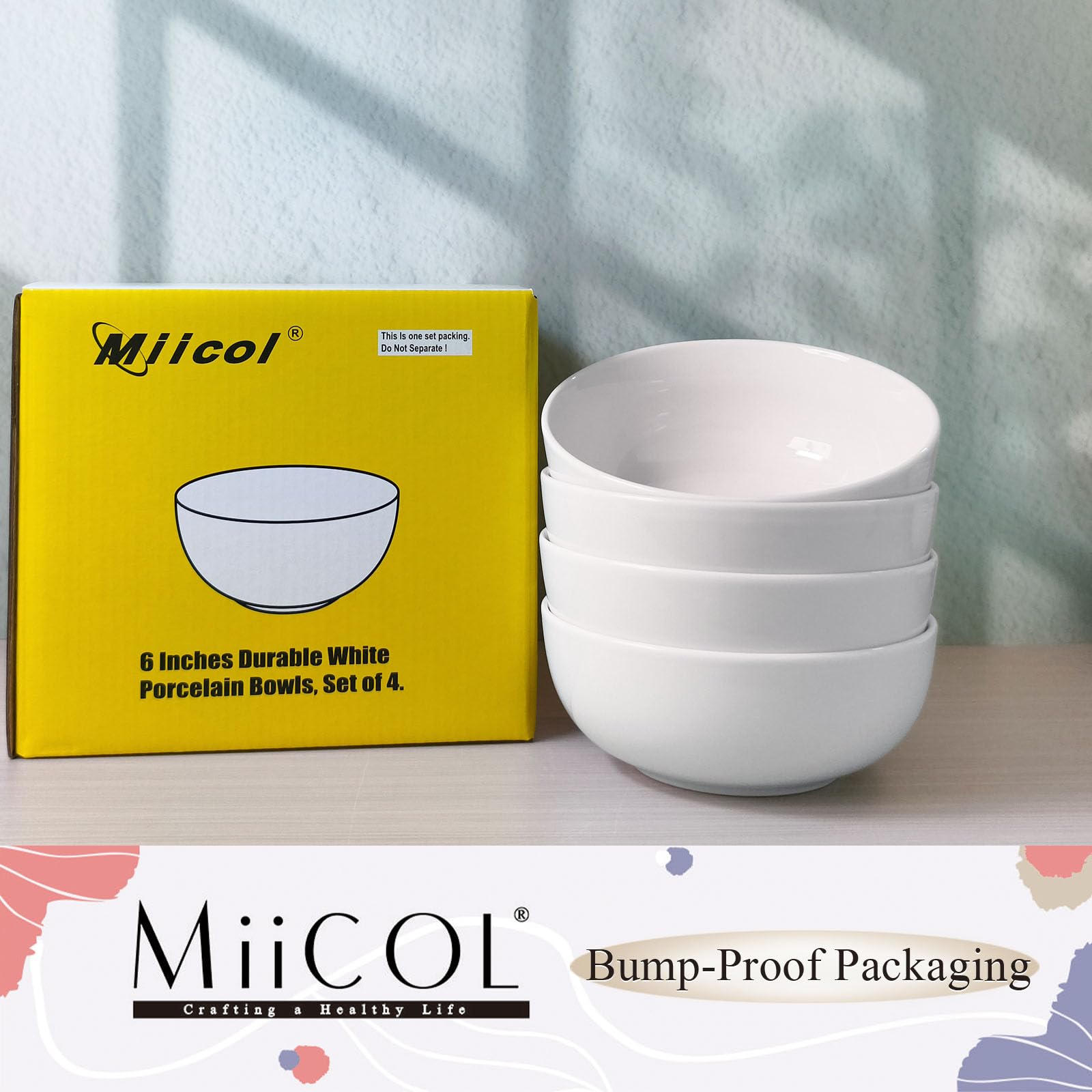 Miicol Ensemble de 4 Bols à Petit-Déjeuner en Céramique, Bols à Soupe Blancs 600 ml, Bols Empilables de 15 cm pour Céréales, Idéals pour Desserts, Salades, Riz ou Fruits