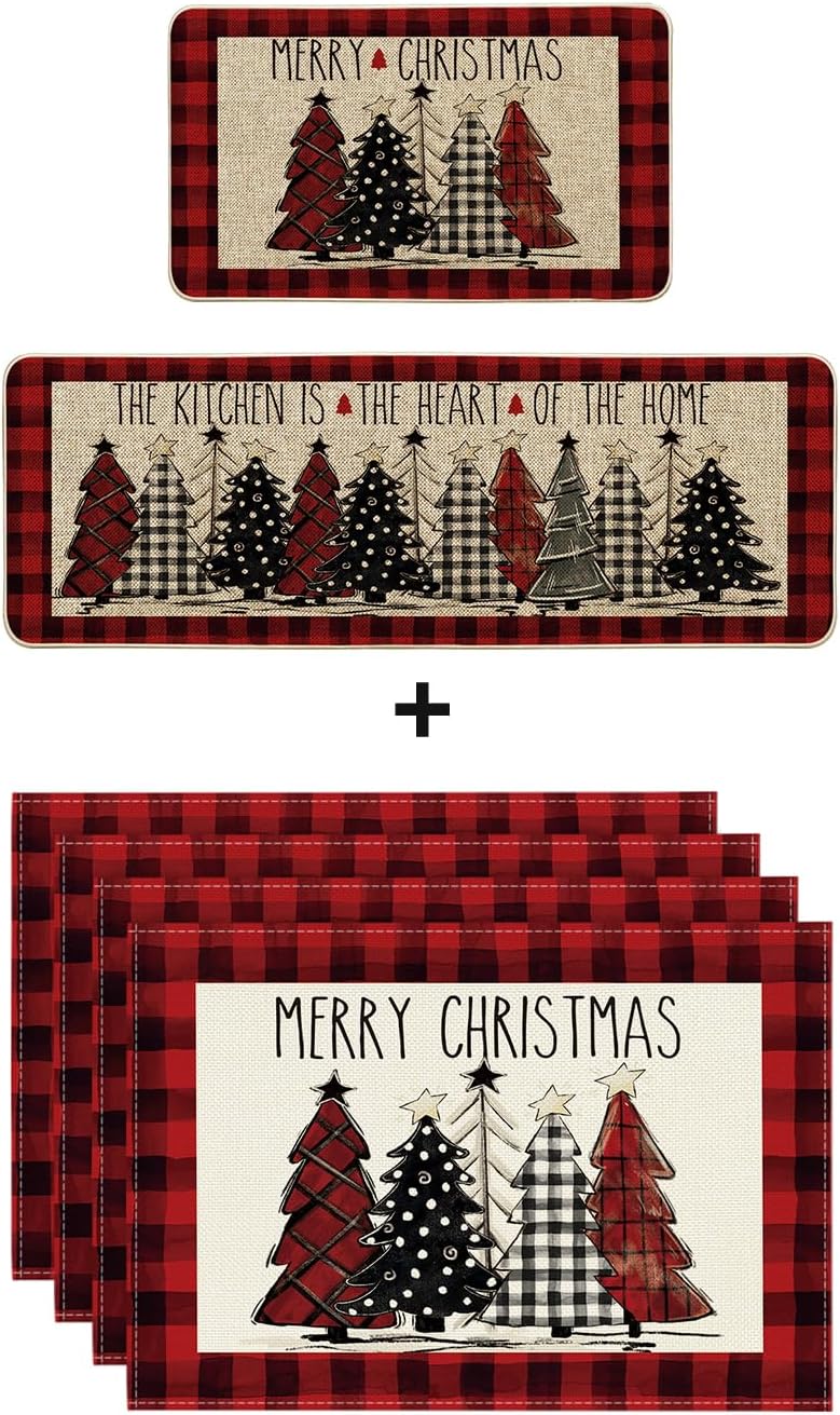 Artoid Mode Red Xmas Tree Kitchen Mats 2 pcs and Placemats Set of 4 for Christmas Winter Decoration