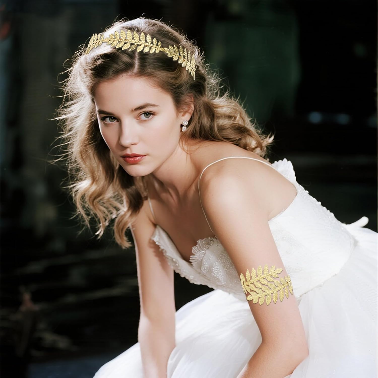 Gvhntk 2Pcs Greek Goddess Headband Arm Cuff Bridal Jewelry Set Roman Leaf Branch Crown Upper Arm Band Bracelet for Women