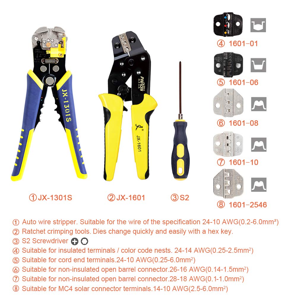 Crimpadora Terminales Alicates y Alicate Pelacables,Geevorks Kit de Alicates para Crimpadora con 5 Terminales Intercambiables + Screwdiver + Caja de Herramientas,para Terminales