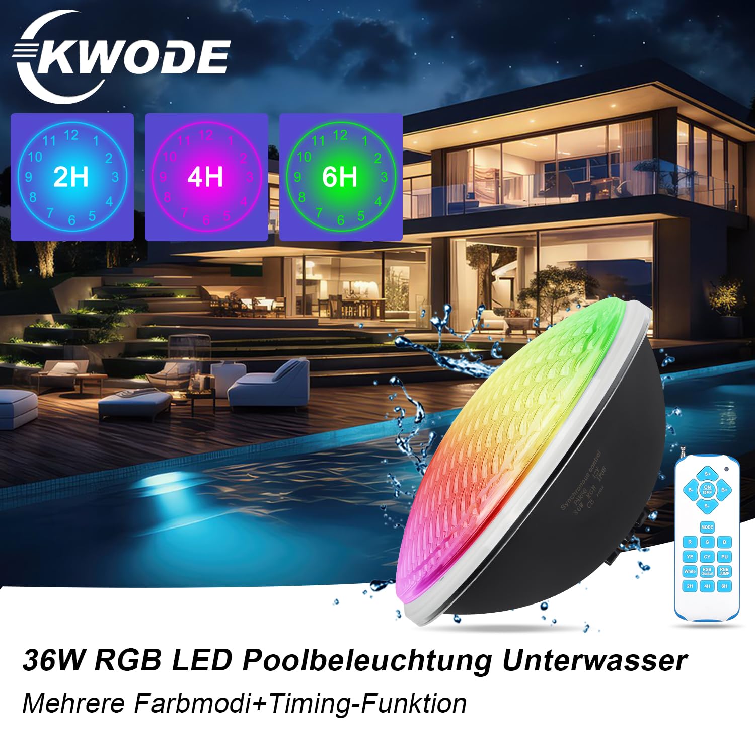 Oświetlenie basenowe LED 36 W, PAR56,12 V RGB, zewnętrzna synchronizacja z pilotem zdalnego sterowania, timer 2/4/6 h, wodoszczelność IP68 (1 szt.)