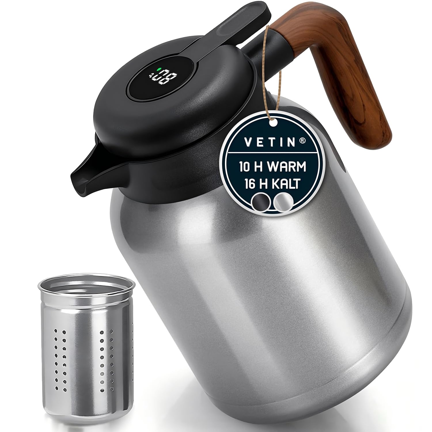 VETIN Thermoskanne mit Teesieb 1,5L aus 304 Edelstahl, Kaffeekanne Thermo | Auslaufsicher, 10 h Heiß & 16 h Kalt, mit Temperaturanzeige, für Tee, Kaffee und Kalte Getränke (Kunststoffgriff)