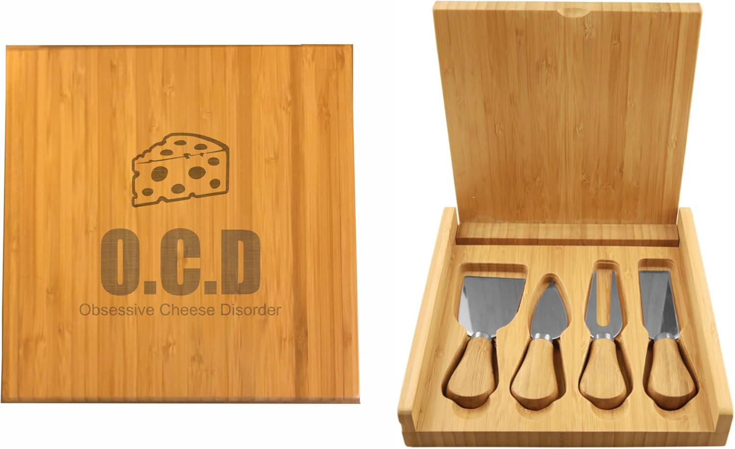 Funny Gifts For Cheese Lovers OCD Obsessive Cheese Disorder Engraved Bamboo Case with Cheese Tool Set