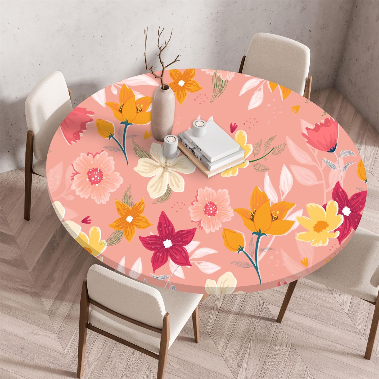 Muiuou Elastic Edged Round Tablecloth, Printing Reusable Waterproof Oil-Proof Round Table Cover Protector Cloth, Fitted Kitchen Restaurant Picnic Home Decoration (Diameter 90cm,Style 13)