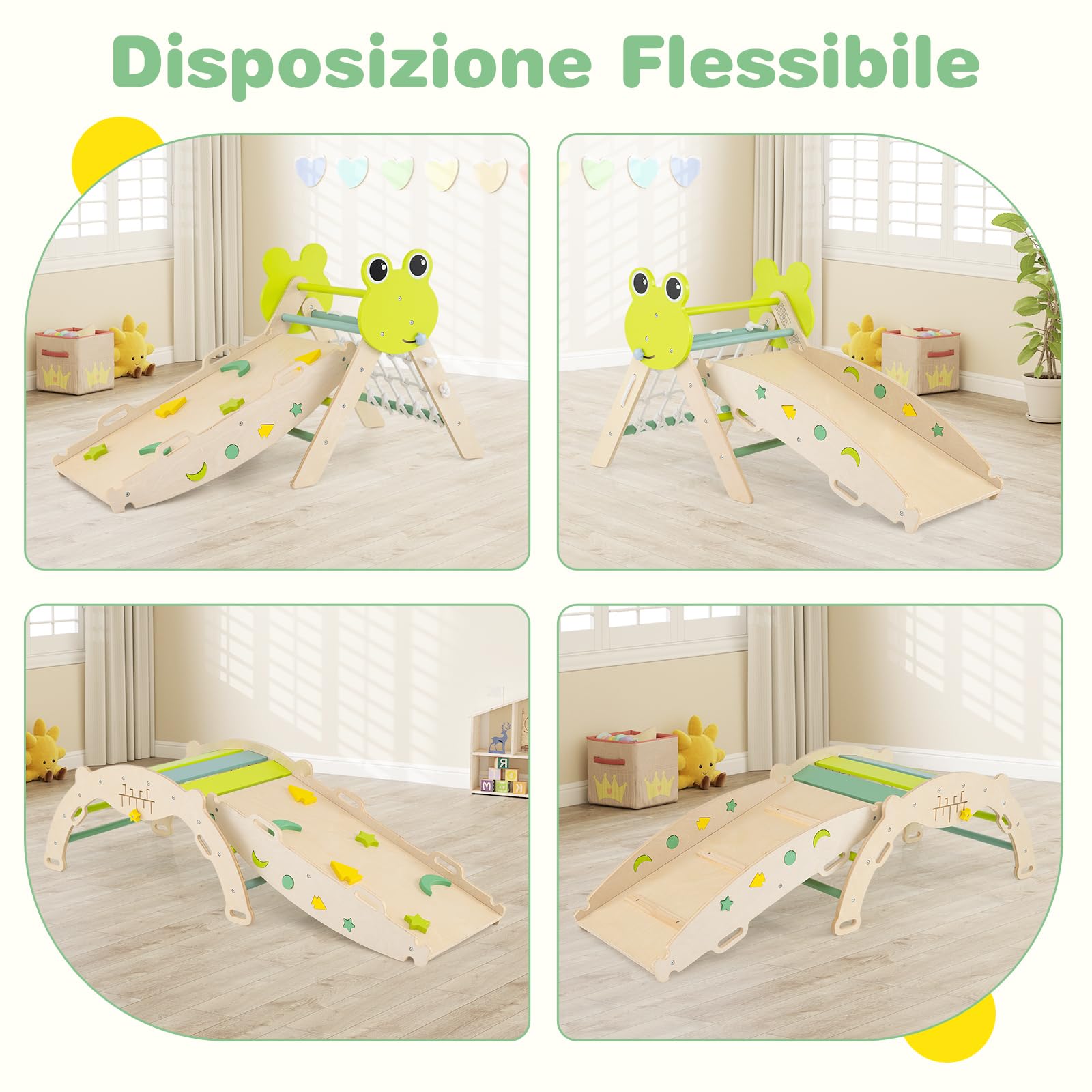 RELAX4LIFE Set da Arrampicata per Bambini, Triangolo di Arrampicata con Scivolo e Arco, Gioco di Incastri in Legno, Gioco Montessori per Bambini 1+ Anni (Rana con Rete-3 Pezzi | Verde)
