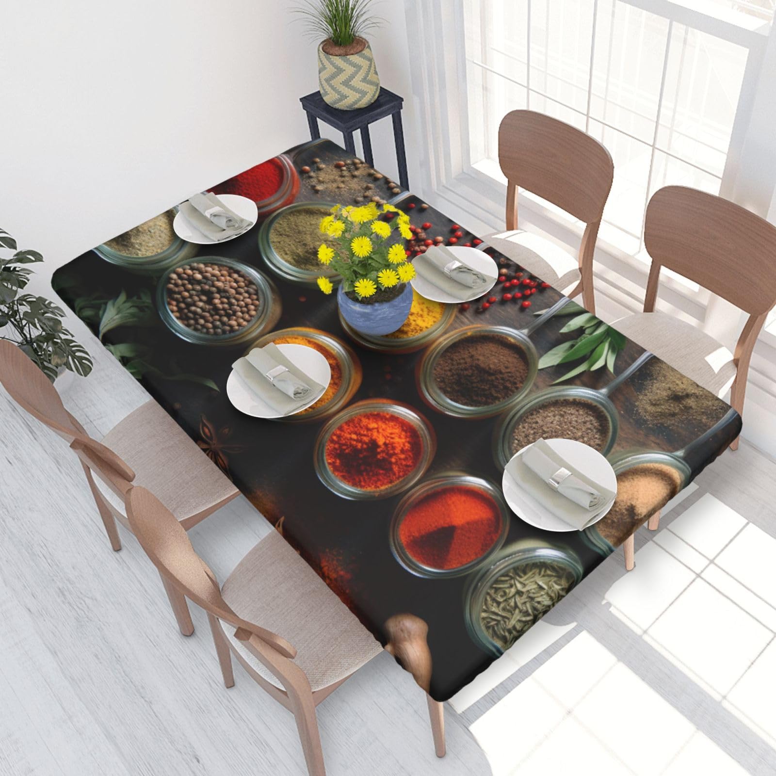 DCARSETCV Spices Printed 4FT Waterproof Tablecloth with Elastic Edged Protect & Decor Your Table, Oil-proof Washable Table Cloth Cover for Dinner Picnic Party
