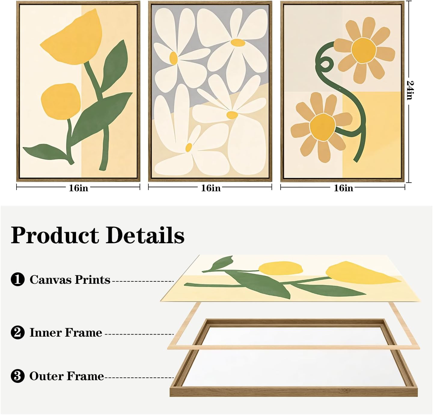 3Pcs Large Framed Botanical Canvas Wall Art, Modern Neutral Plant Abstract Canvas Prints, Minimalist Nature Wall Decor, Large Wall Art for Living Room Bedroom Office Farmhouse Decor 16 * 24in