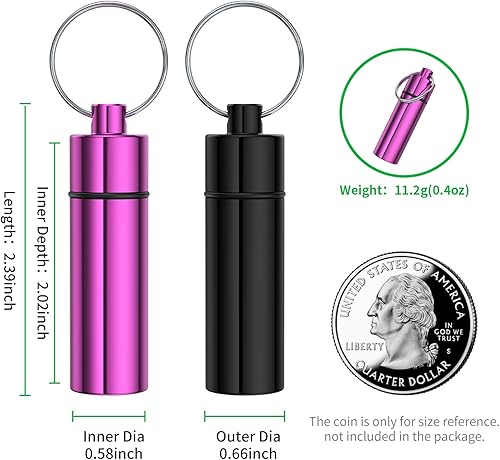 Miniatura 8 de Pastillero pequeño, (paquete de 2 + 2 clips de mosquetón) llavero portapíldoras portátil mini contenedor de píldoras de viaje botella de metal con