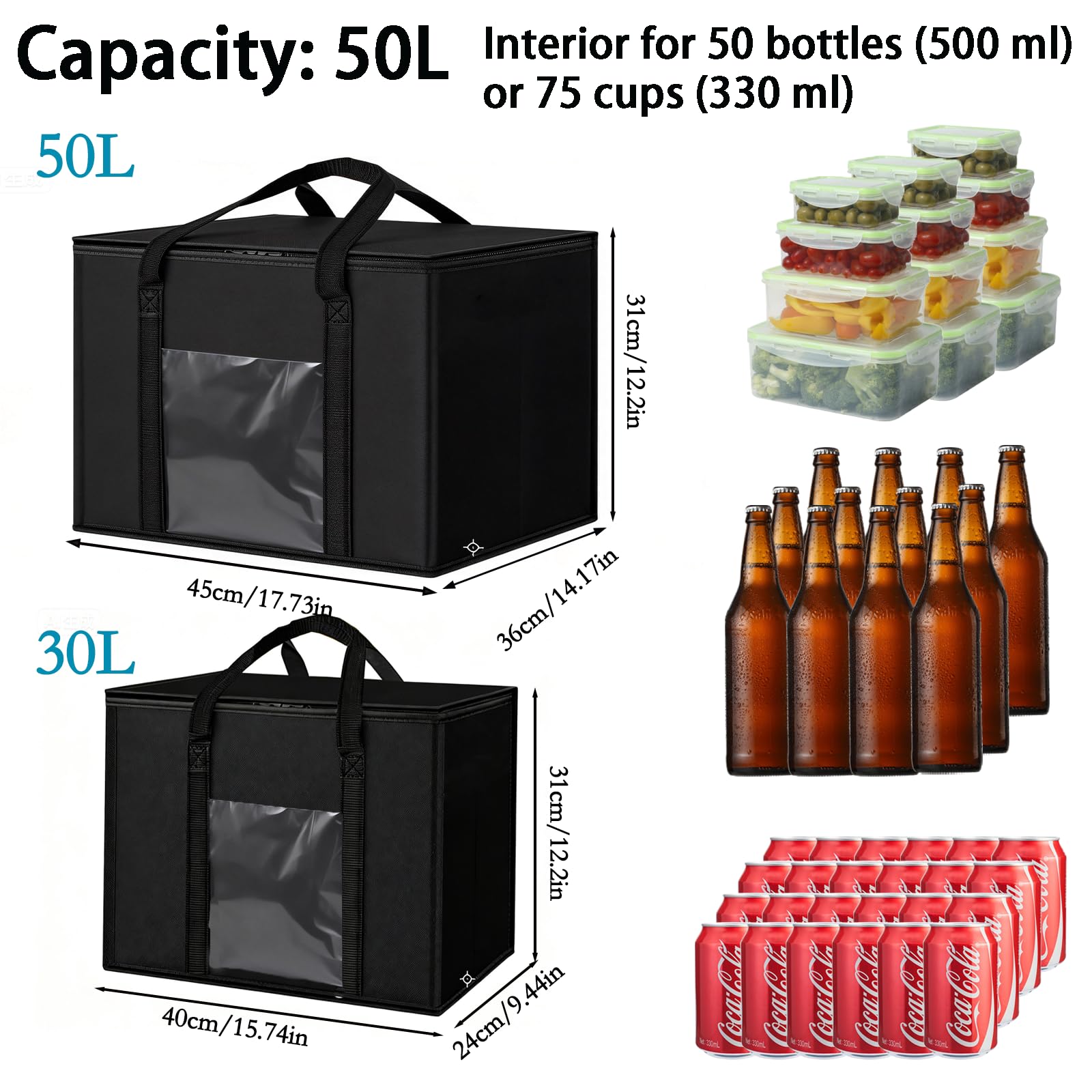 2 sztuki duża składana torba chłodząca 50 l + 30 l, stojąca torba termiczna, wielokrotnego użytku torba piknikowa, torby na zakupy, torba do zamrażania na kemping, grill, do pracy, dostawa