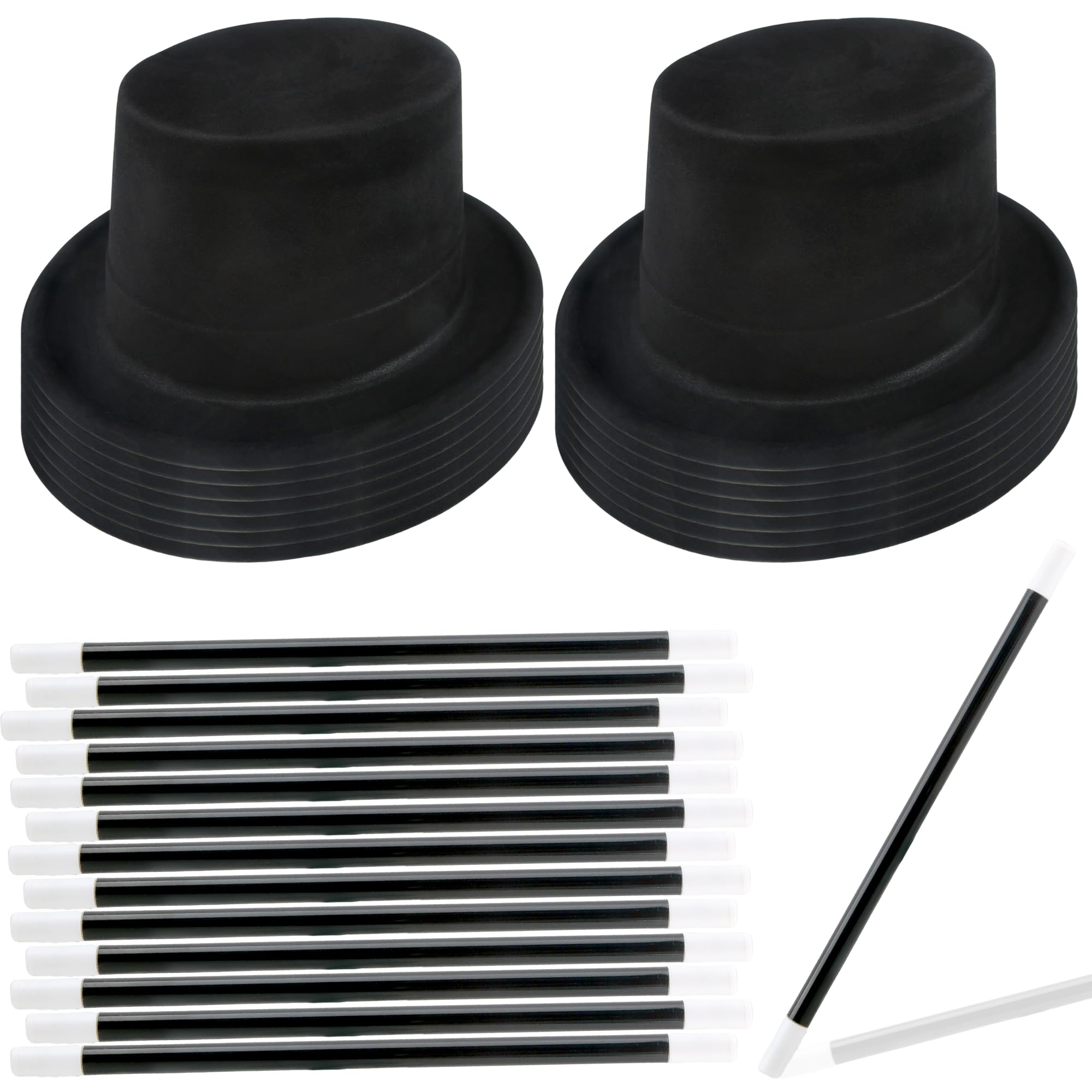 Skyebed 14 Pcs Black Top Hats with 14 Pcs Magician Wands Plastic Top Hats Magician Hat for Men Women Halloween Cosplay Party Accessories