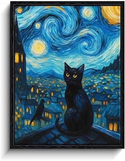Framed Black Cat Wall Art, Funny Black Cat in Van Gogh Starry Night Inspired Painting Textured Art Print, Aesthetic Paintings for Bedroom Living Room Bathroom Wall Decor, 8 x 10 Inches