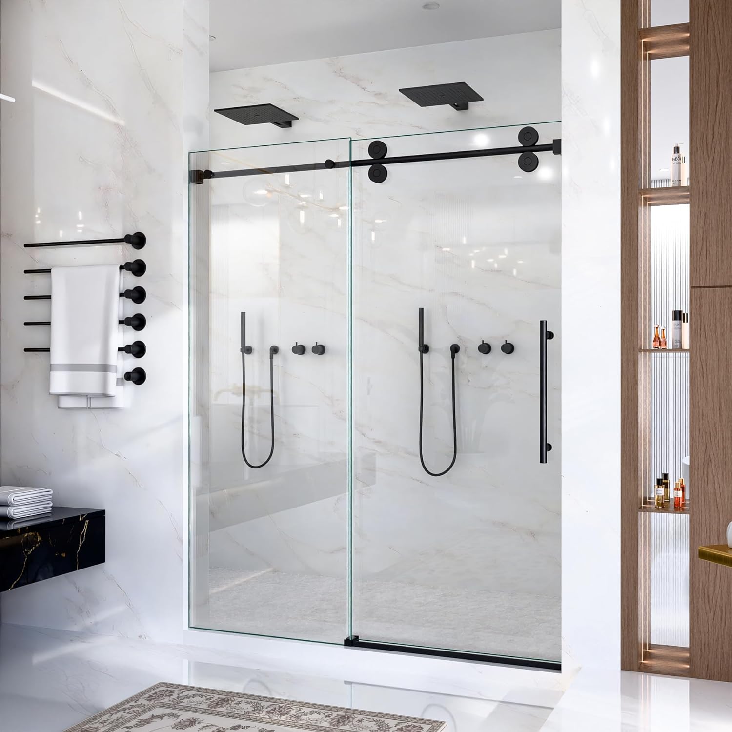 Frameless Sliding Shower Door, 44-48" W x 76" H, 5/16" (8mm) SGCC Tempered Glass, Quiet Double Sliding Walk-in Shower Glass Door with Self-Draining Track & Anti-Shaking Structure, Matte Black