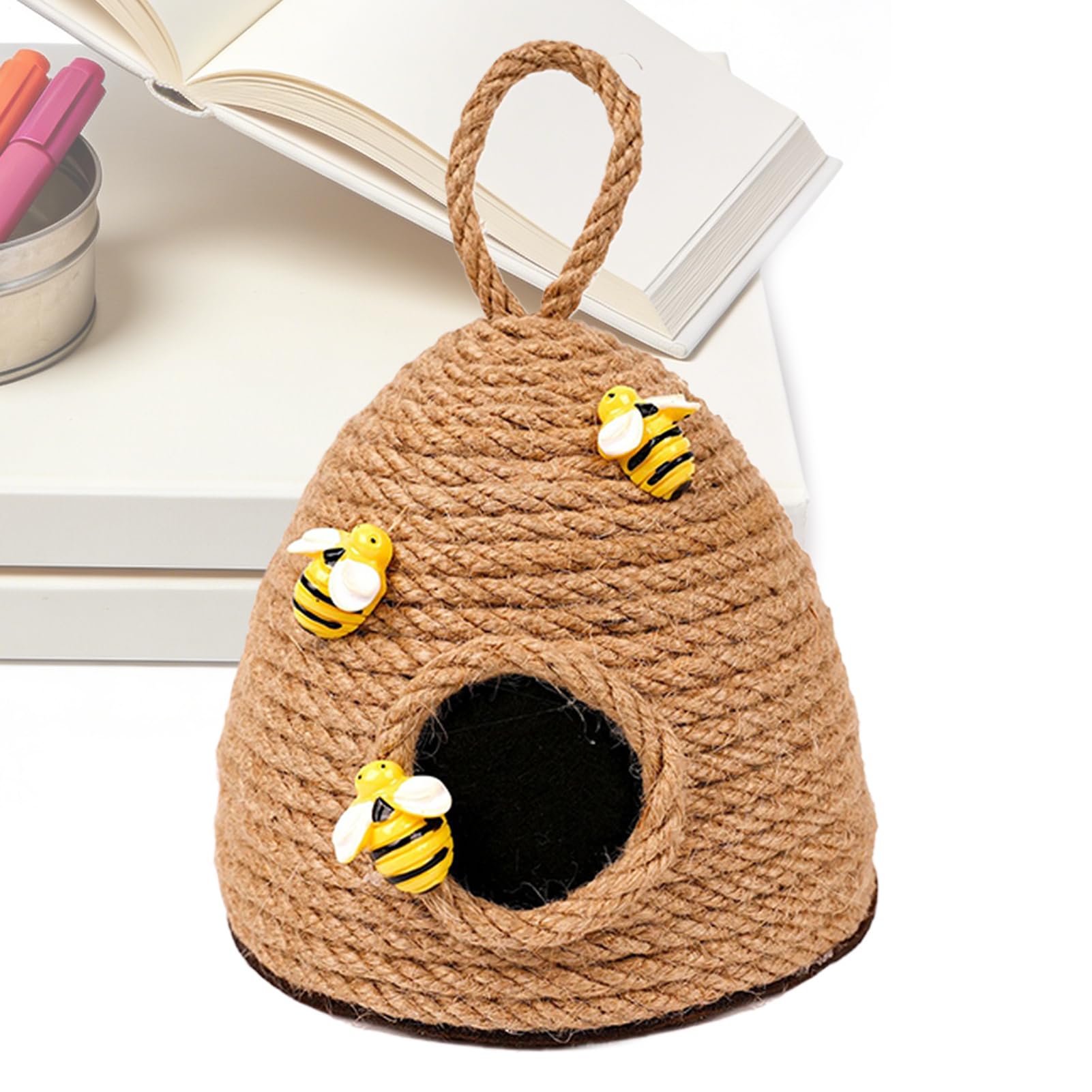 Bienenstock- – Bienenstock aus gewebtem Juteseil, abgestuftes Tablett, Bauernhaus-Anhänger, 11 x 11 cm kompaktes Ornament + 15 cm Aufhängeschlaufe, Konstruktion aus Naturfaserschnur – für Küche u