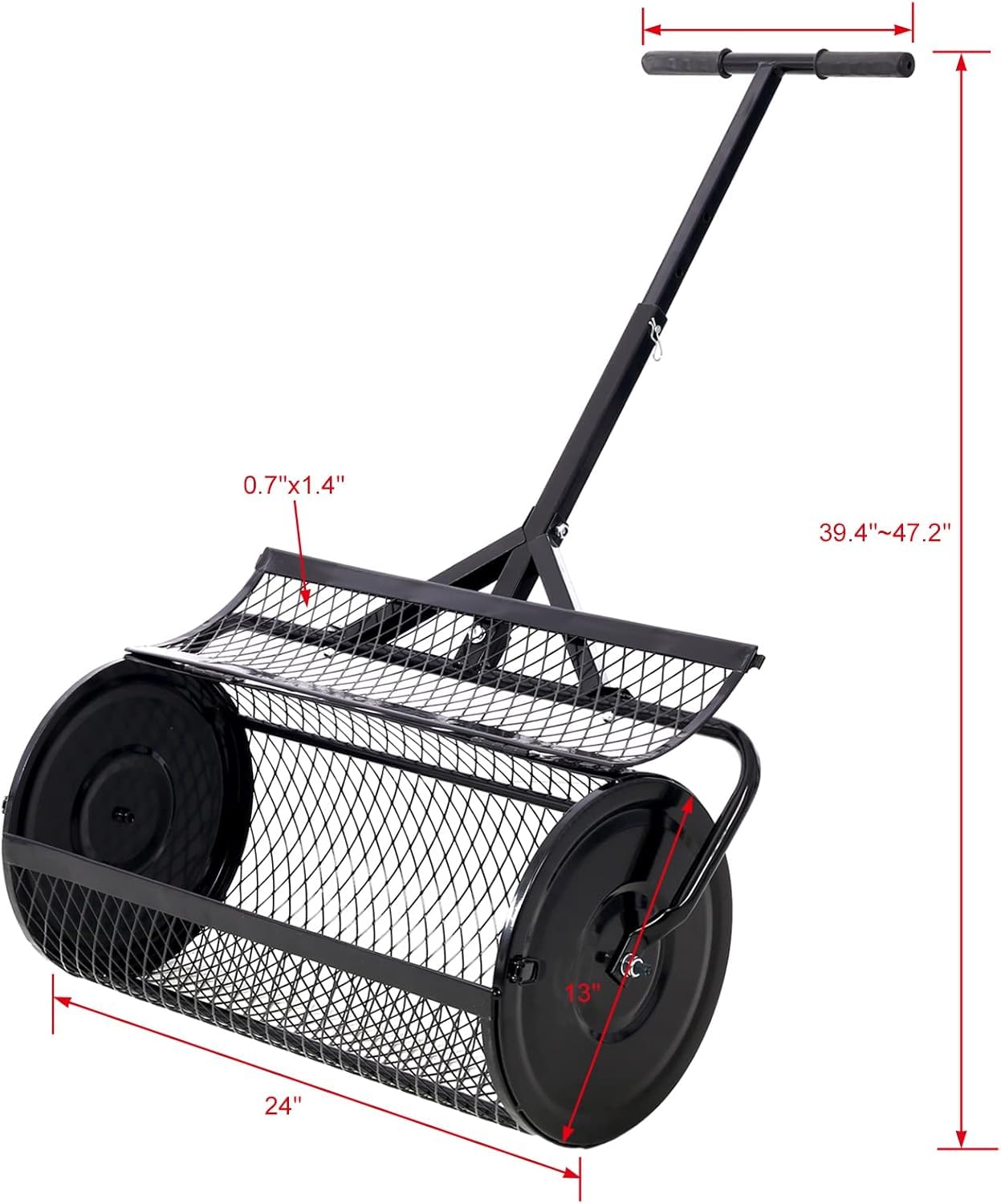 Distribuidor de compost - Rodillo de turba de 61 cm con mango ajustable en forma de T, ligero, de malla metálica, para césped, esparcir estiércol y tierra vegetal, color negro, con ranuras abiertas