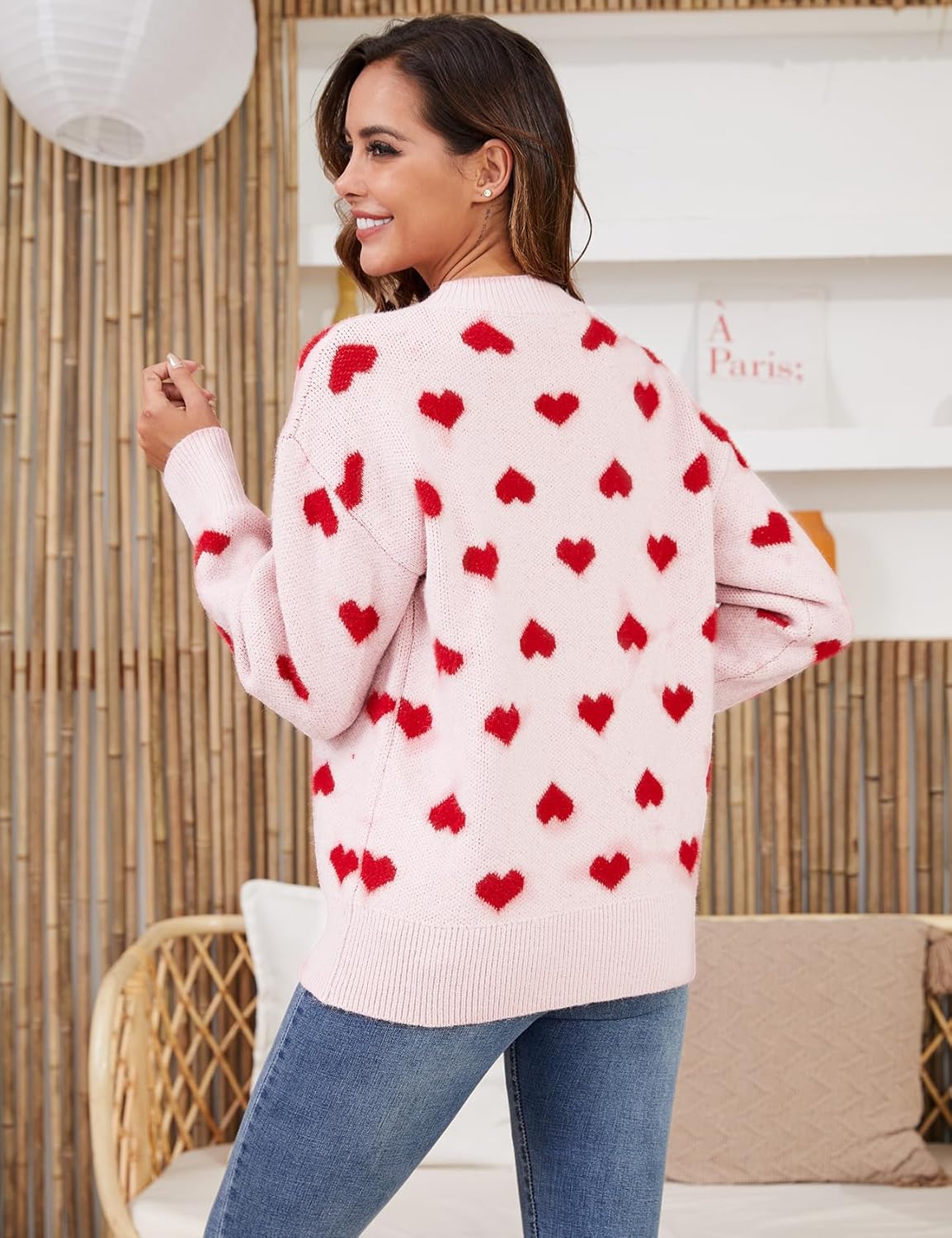 Gihuo Heart Sweater for Women Cute Casual Crewneck Long Sleeve Knitted Pullover Sweaters(Beige-XL) - Image 3