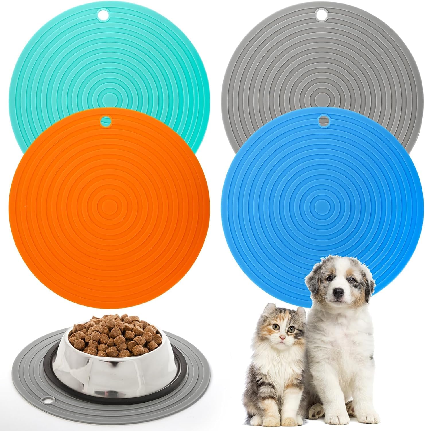 Hacaroa 4 Pack Silicone Pet Feeding Mat, Non-Slip Dog Food Mat Water Bowl Mat Tray, Waterproof Cat Dish Placemat for Small and Medium Pets, Potect Floors, Dishwasher Safe, 4 Colors, Round(24 x 24 cm)