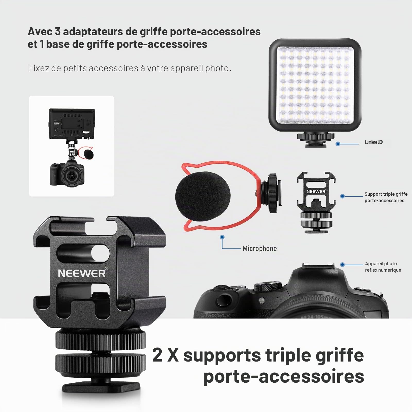NEEWER 8 PCs Adaptateur de Montage de Chaussure Chaude, y Compris Triple Cold Shoe Mount, Adaptateur à vis 1/4", Support de Flash et Couvercle de Sabot pour Caméra de DSLR,lumière LED, Microphone,etc