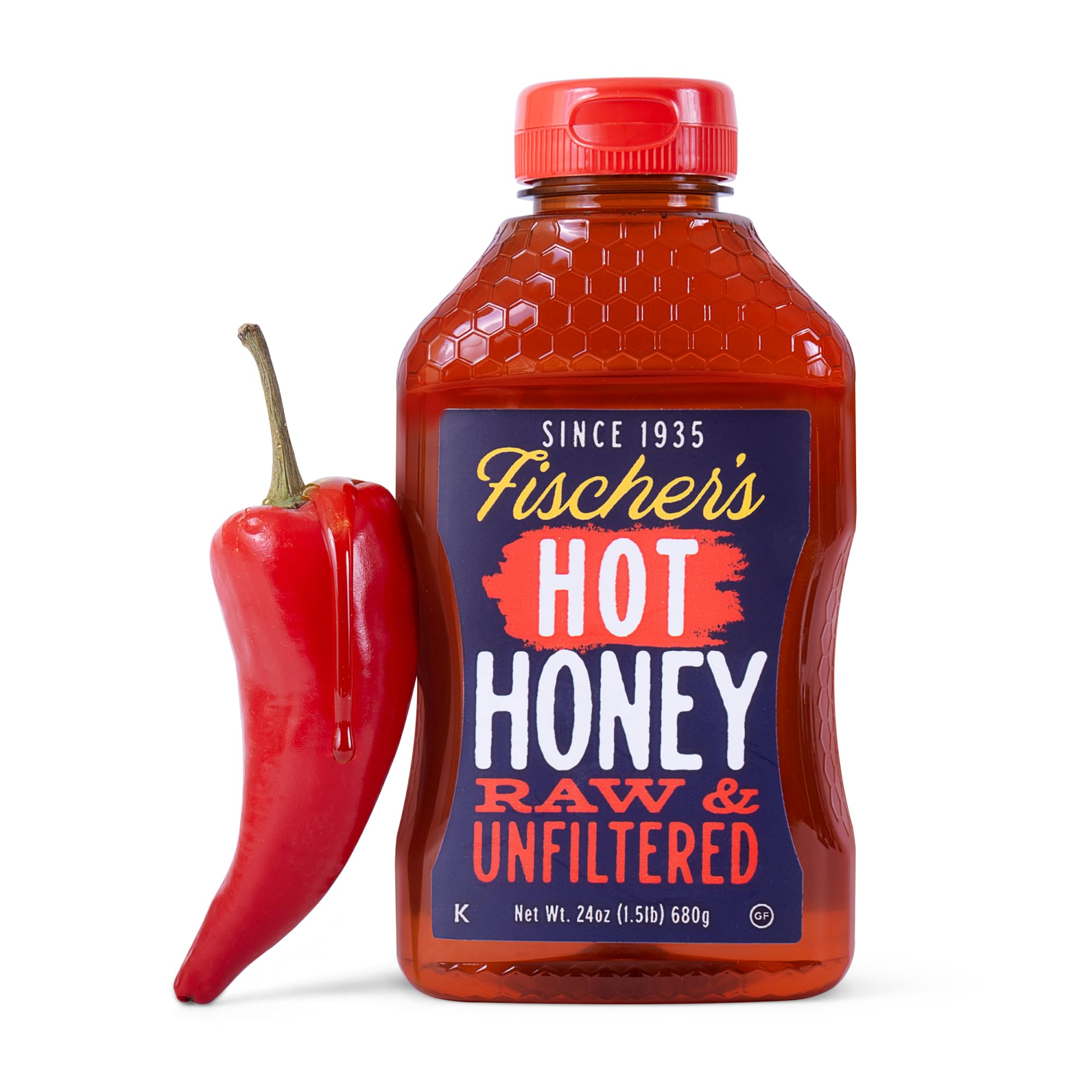 Fischer's Hot Honey 24 oz – 100% Raw Unfiltered Honey with Hot Pepper – Spicy Honey for Pizza, Chicken, Charcuterie, BBQ, Fried Chicken, Cheese Board,