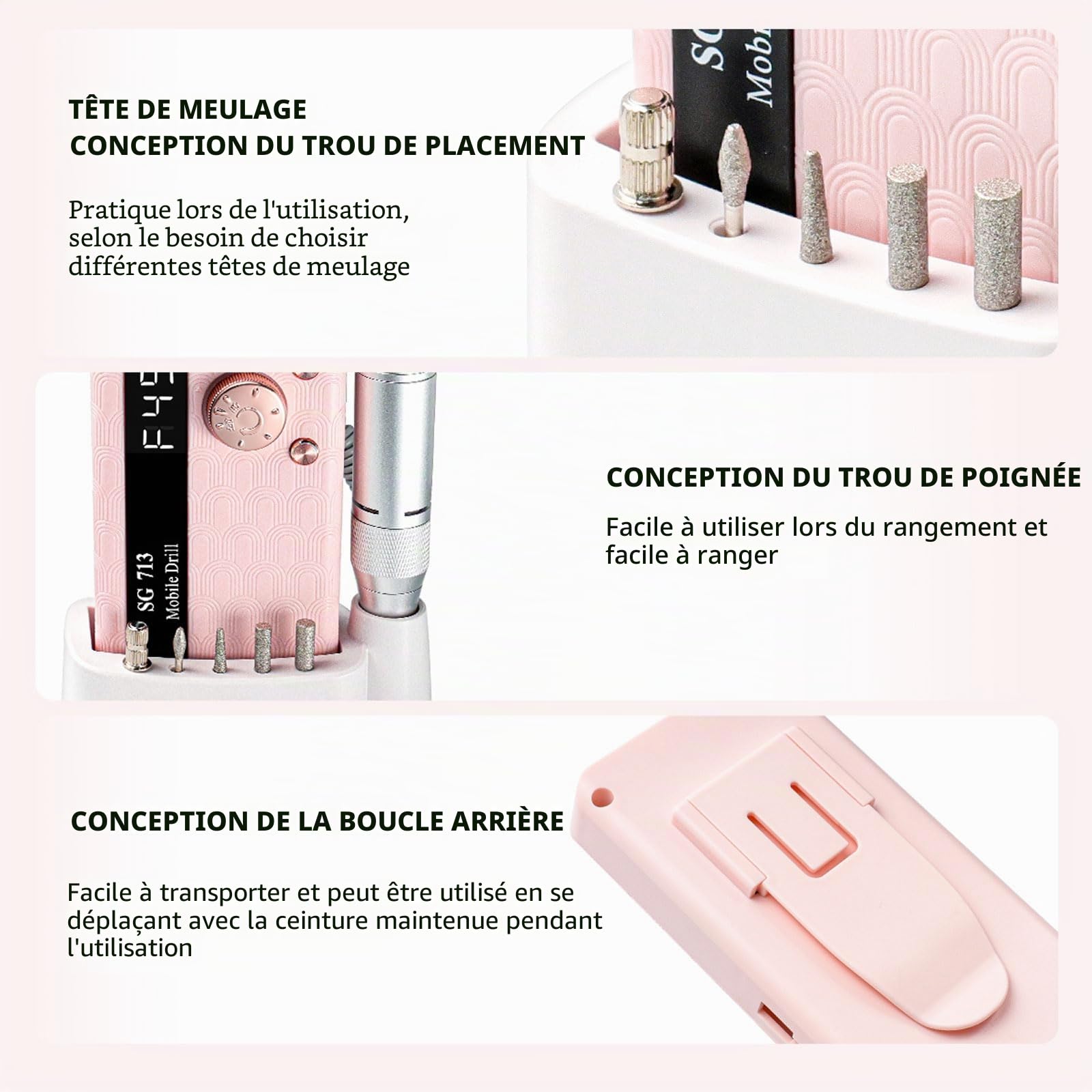 Ponceuse pour Ongles Professionnelle 45000 RPM Portable Rechargeable avec 13 Embouts et 56 Bandes de Ponçage, LCD écran, Ultra Silencieuse, Silencieuse pour Salon/Maison (Rose)