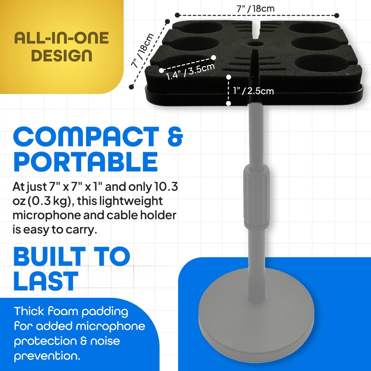 Multi Microphone Holder Cable Hanger & Organizer for Mic Stand - Square Tray Attachment holds up to 6 mics On Stage Organizer and Display - 6 Anti-roll Rings Included
