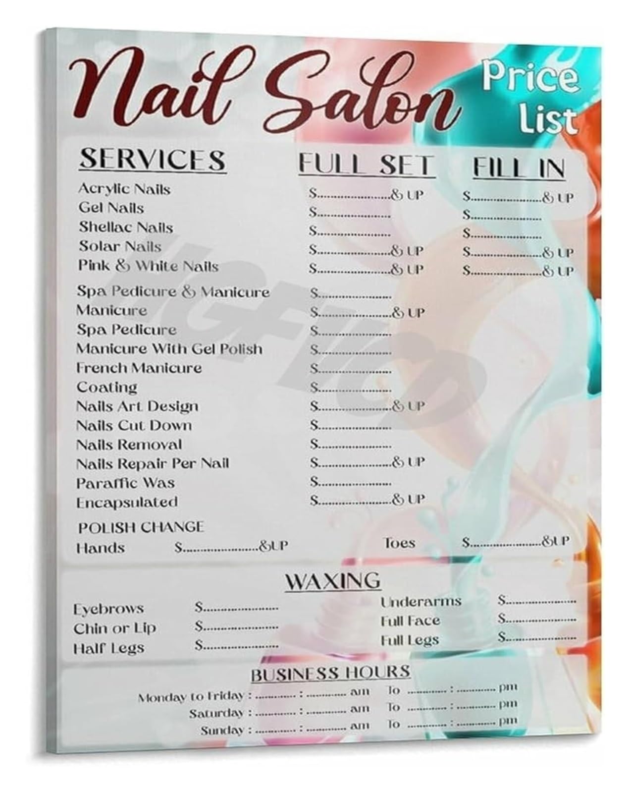 LLBOGRGGN Salon List Poster Canvas Painting Wall-Art for Nail and Hair Services Living Room Bedroom Decor Home Office(Framed,16x24inch(40x60cm))