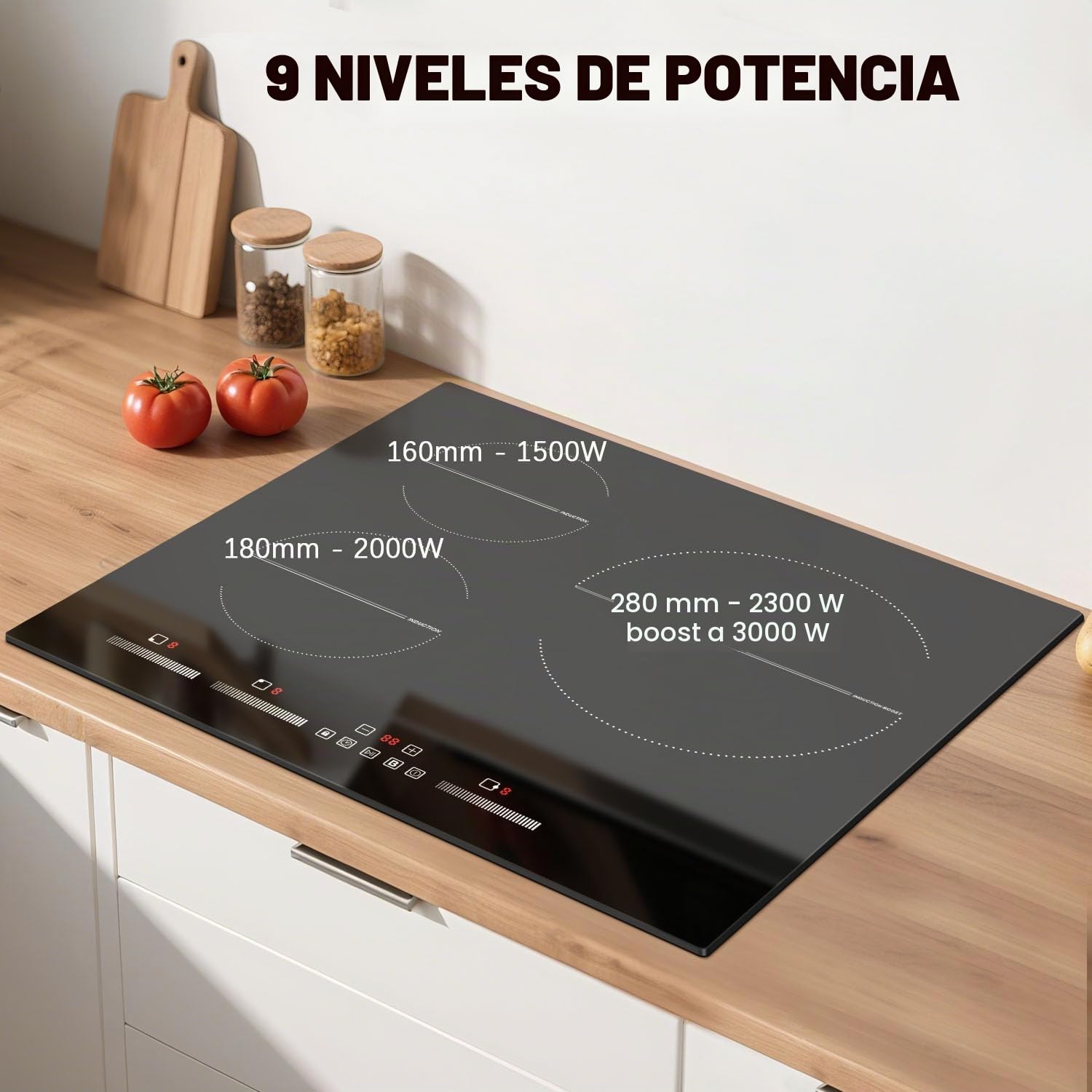 Placa de Inducción 3 Fuegos DELITEER, Placa Autoportante 60 cm, 6500W | Regulación Independiente, Gran Zona de Calentamiento 28cm, Bloqueo de Seguridad, Temporizador, Pausa, 220V~240V, Sin Enchufe
