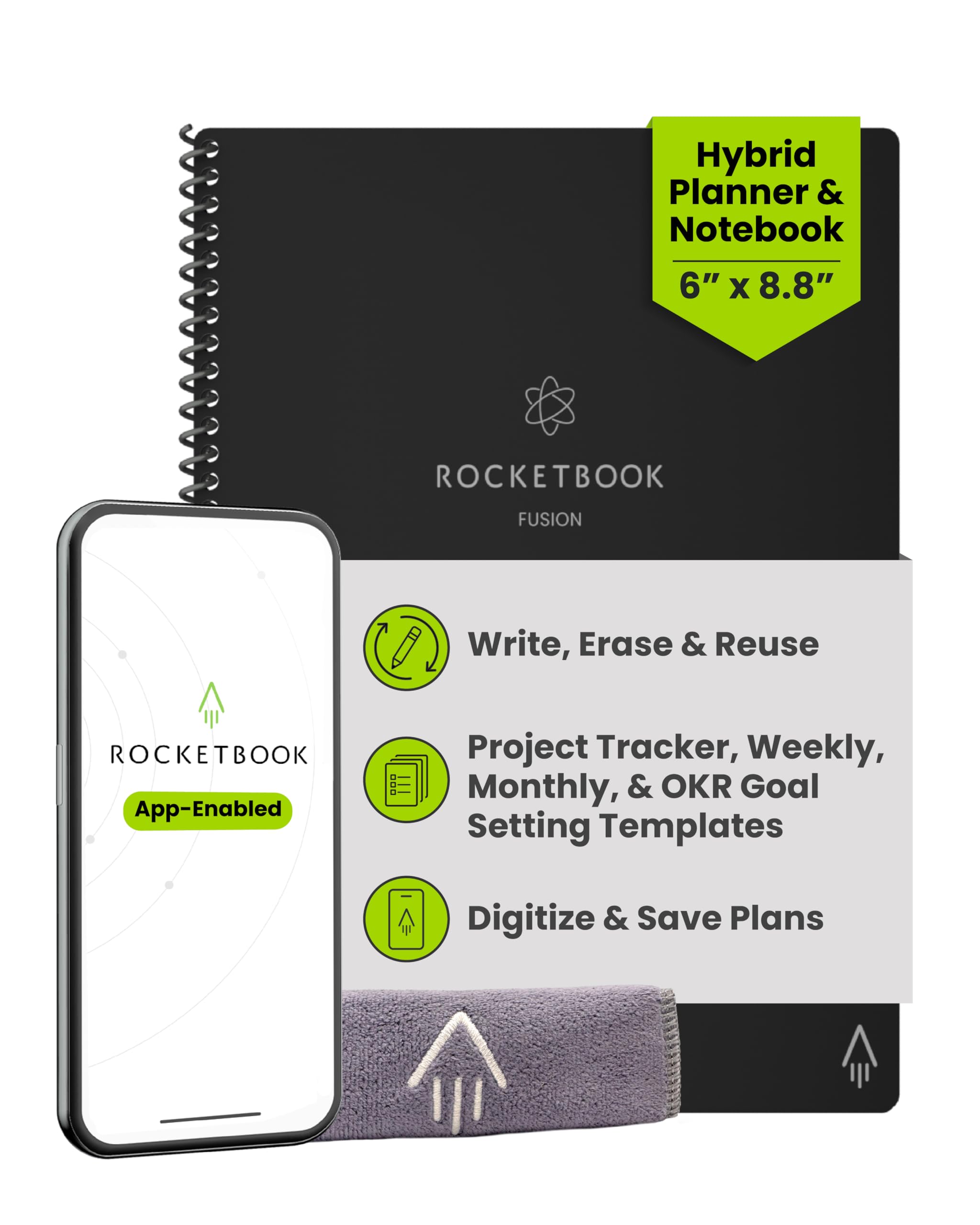 Rocketbook FUSion Smart REUSable Notebook - Calendar, To-Do Lists, And Note Template Pages With 1 Pilot Frixion Pen And 1 Microfiber Cloth Included - Infinity Black, Executive Size (15.2 cm X 22.4 cm)