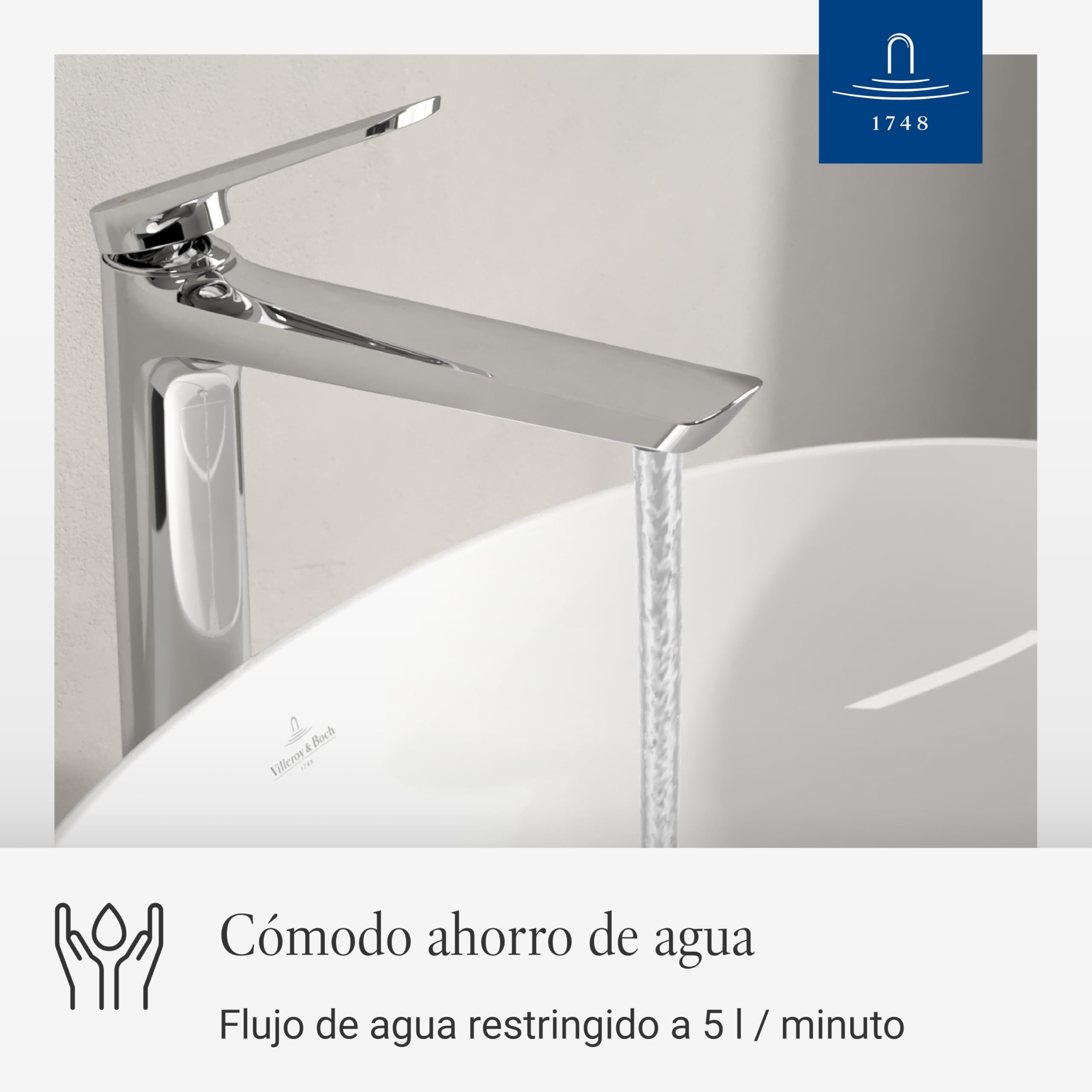 Villeroy & Boch Oasis grifo de lavabo, altura de caño 245 mm – Cromo | Sin válvula de desagüe, bajo consumo, cartucho cerámico, diseño redondo moderno, TVW11500200161