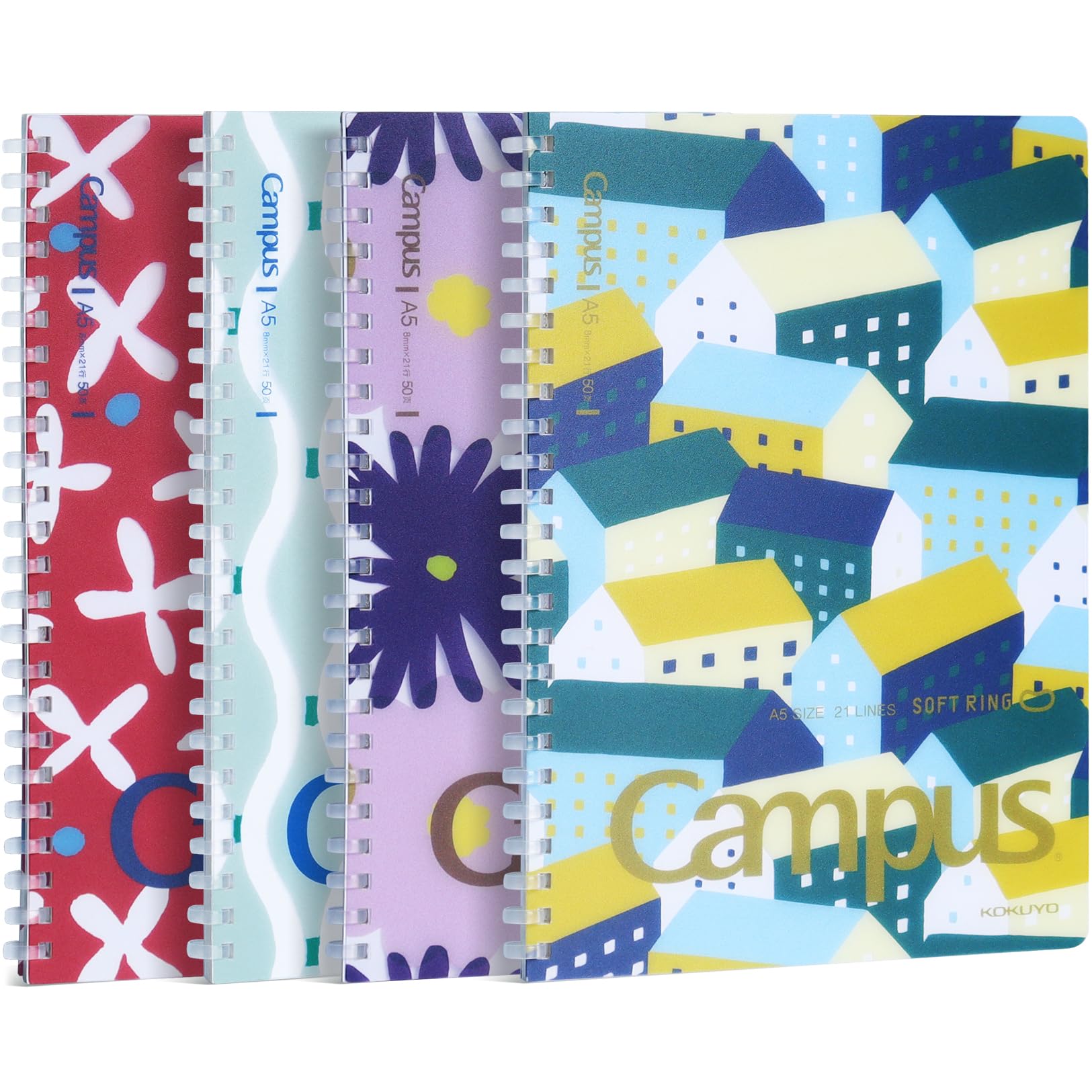 KOKUYO Spiral Lined Notebook, 4 Pack 8.3'' x 5.8'' SOU SOU Journal A5 Soft Ring Notebooks with 8mm Dot Ruled, 50 Sheets, 1 Subject Notebook for School and Note Taking
