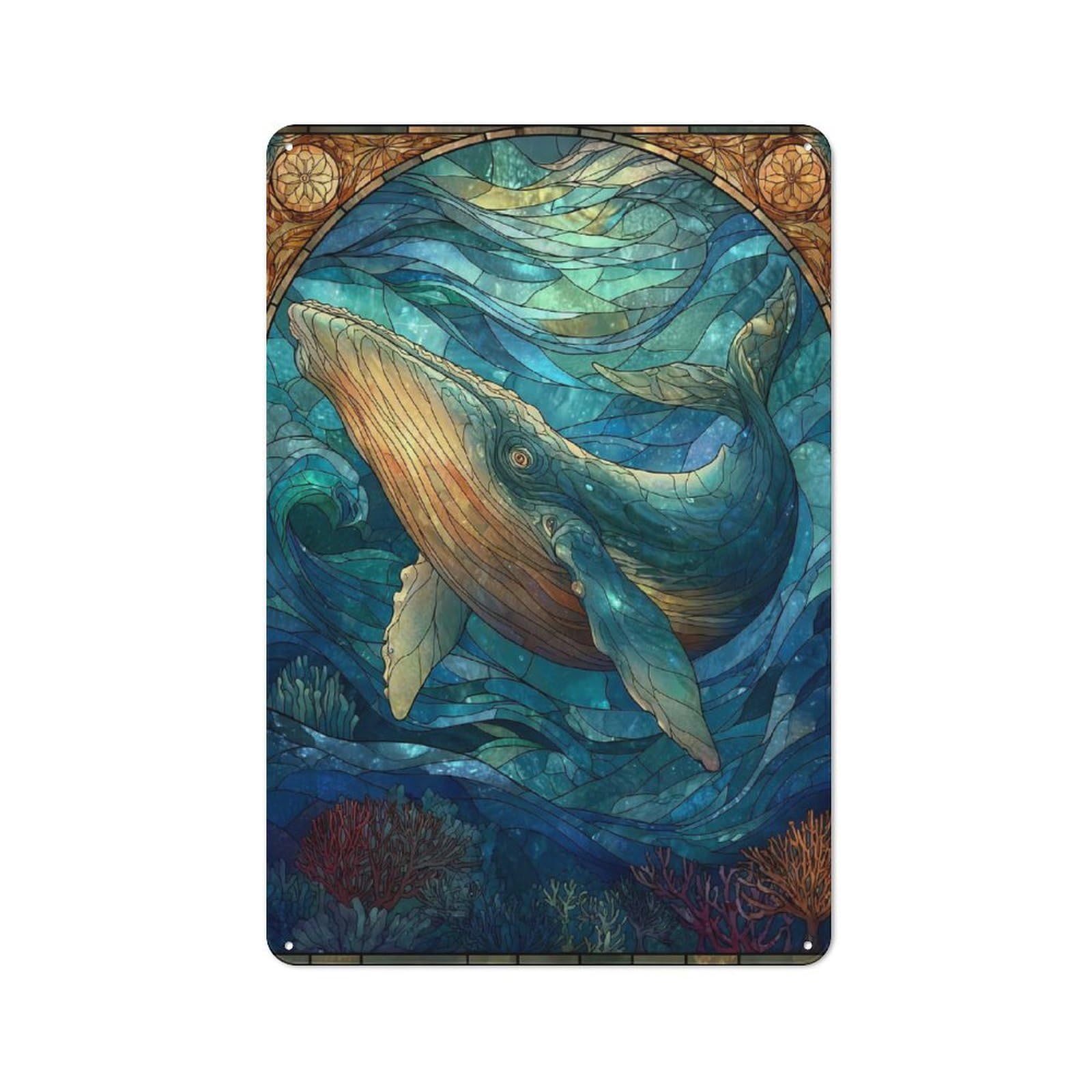 Metal Wall Sign 30x20cm Featuring Stained Glass Whale Ocean for Living Room Wall, for Metal Sign Collectors, for Garage And Workshop Walls