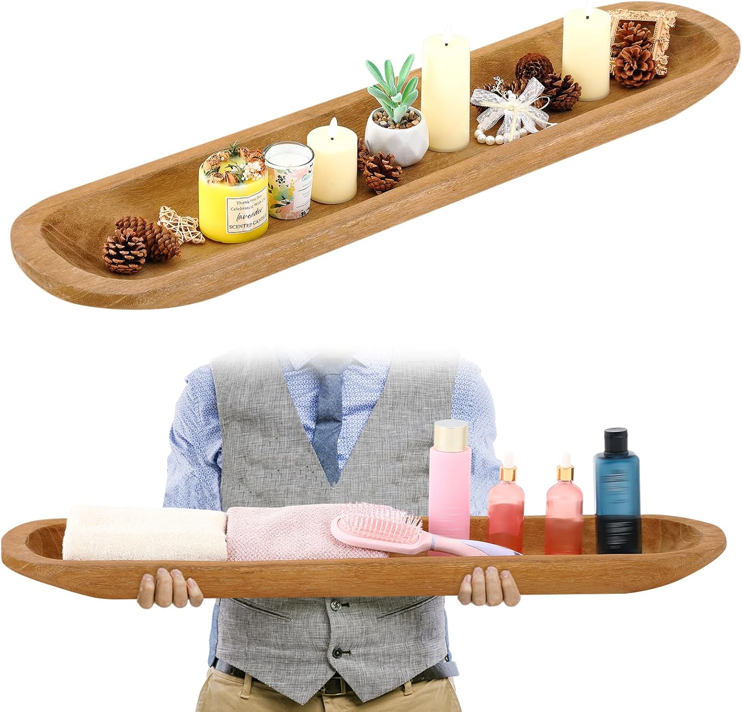 Wooden Dough Bowl Decoration Vintage Hand Carved Rustic 30 Inch Long Wood Bread Dough Bowl for Candle Making Key Living Room Home Dining Room Kitchen Decoration