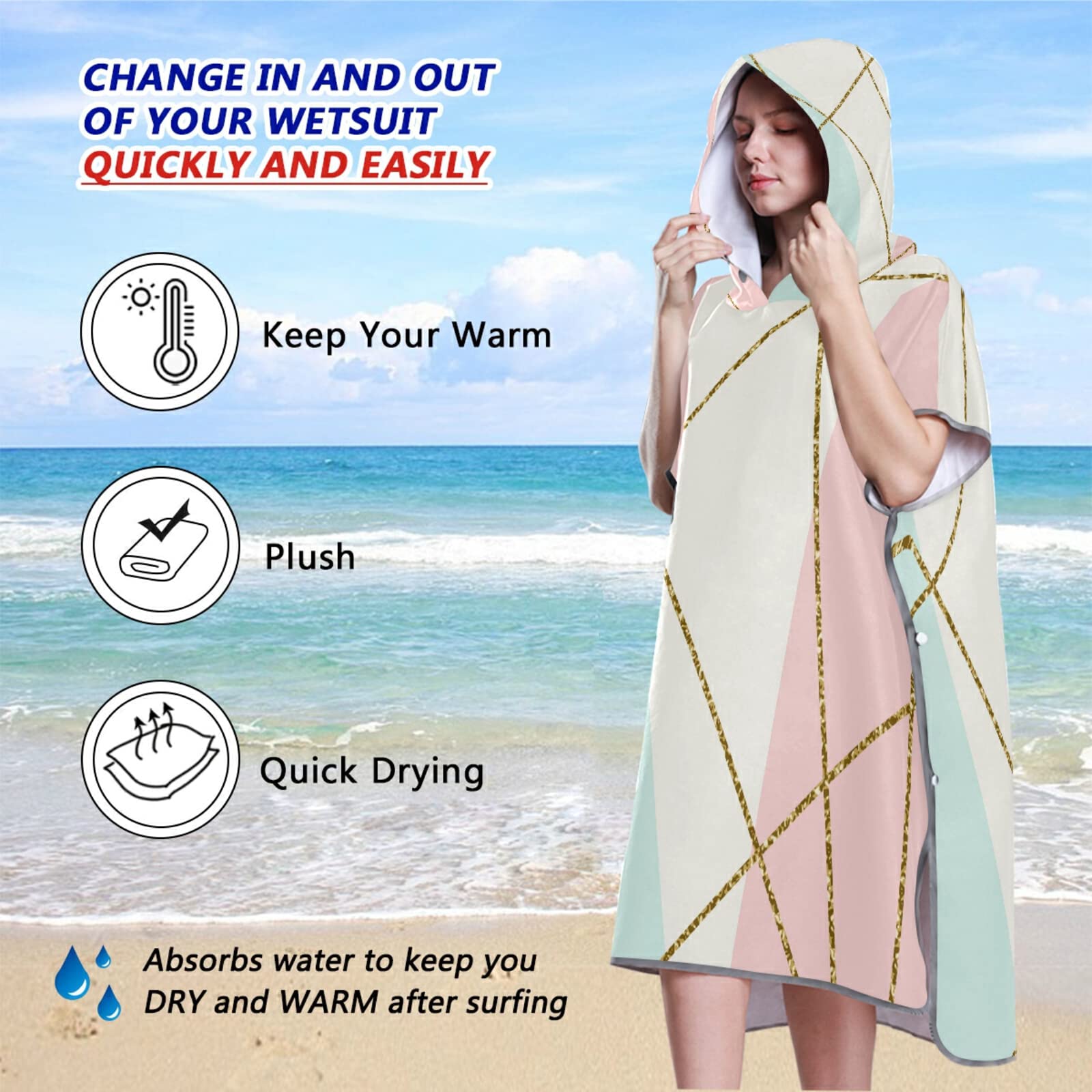 Surf-Poncho, Wickelmantel mit Kapuze und Tasche, schnelltrocknender Bademantel, Mikrofaser-Handtuch, Neoprenanzug für Bad, Strand, Outdoor, Gold, Glitzer, geometrisches Muster auf Türkis, Weiß, Rosa