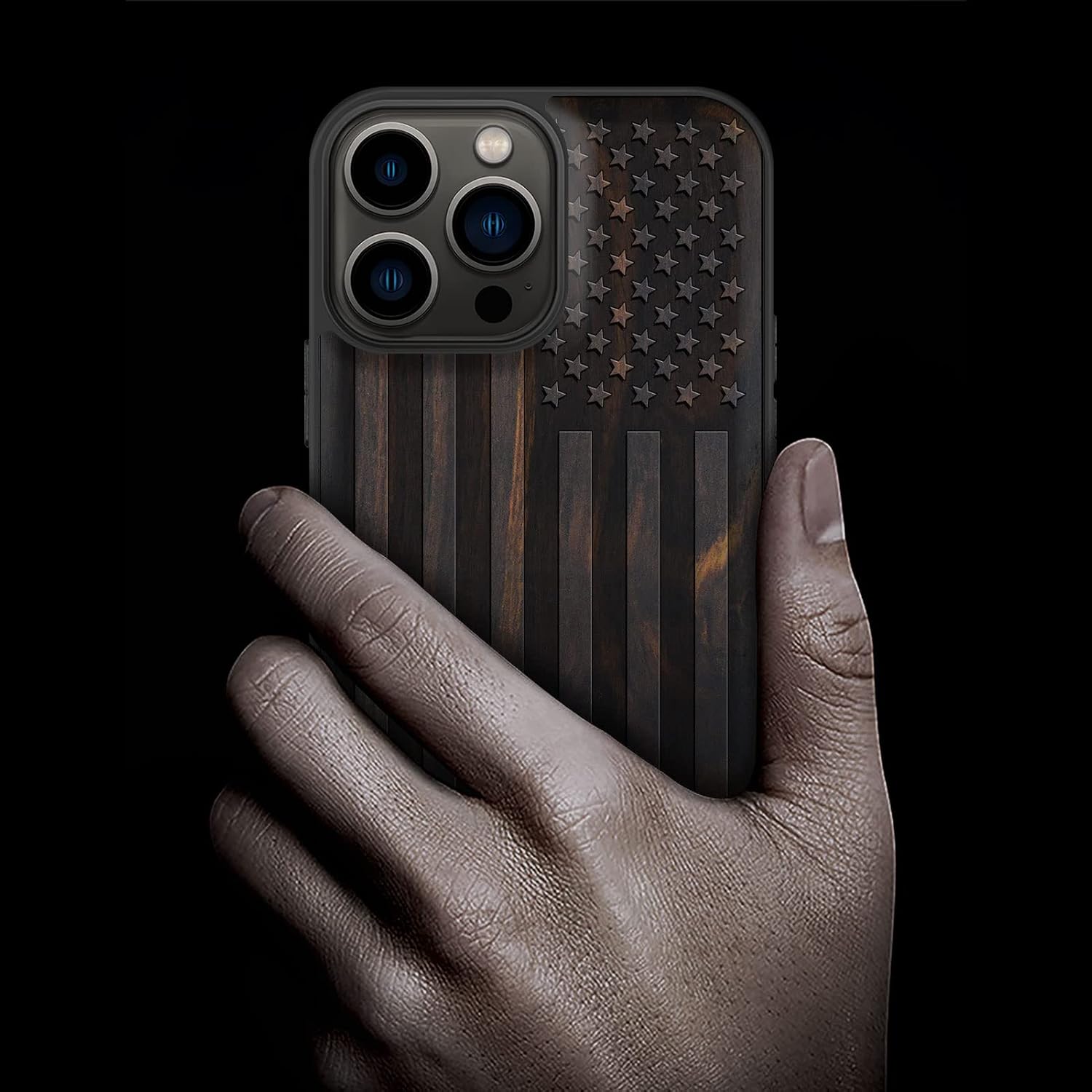 Carveit Magnetic Wood Case for iPhone 13 Pro Max [Hard Real Wood & Soft TPU] Unique & Classy Wooden Shockproof Hybrid Protective Cover Compatible with MagSafe (American Flag-Blackwood)
