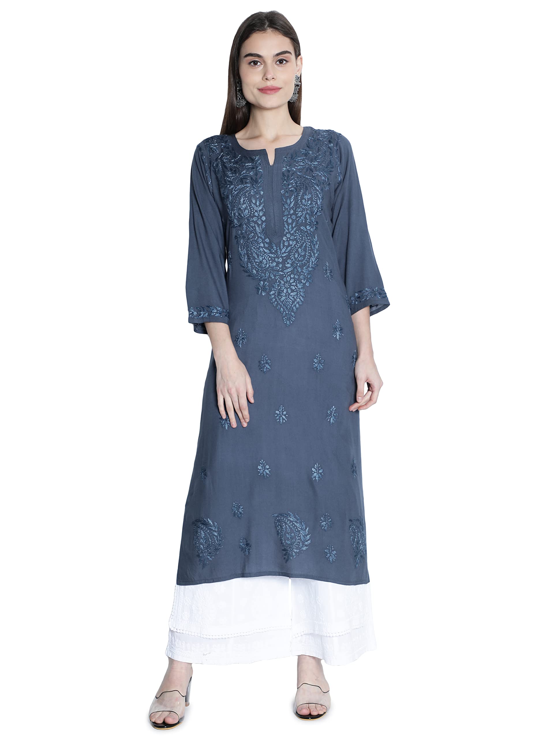 Seva Chikan Hand Embroidered Maroon Cotton Blend Lucknowi Chikankari Women's Kurta Kurti SCL4109