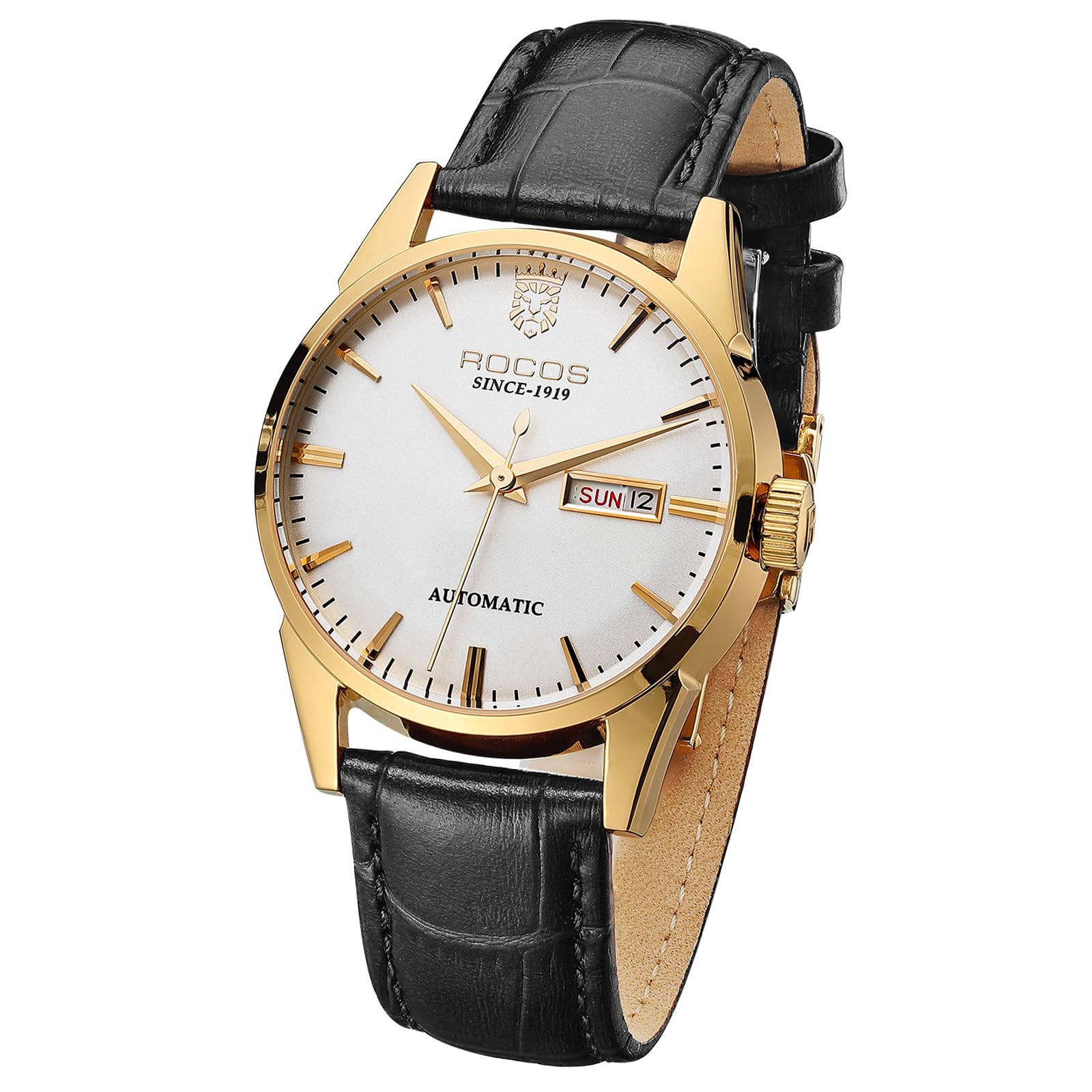 ROCOSJEWE Automatic Mechanical Analog Watch For Men Skeleton Men's Wrist Watches Genuine Leather Luxury Classic Elegant Dress Watch RW0101-Black, White, Fashion Business