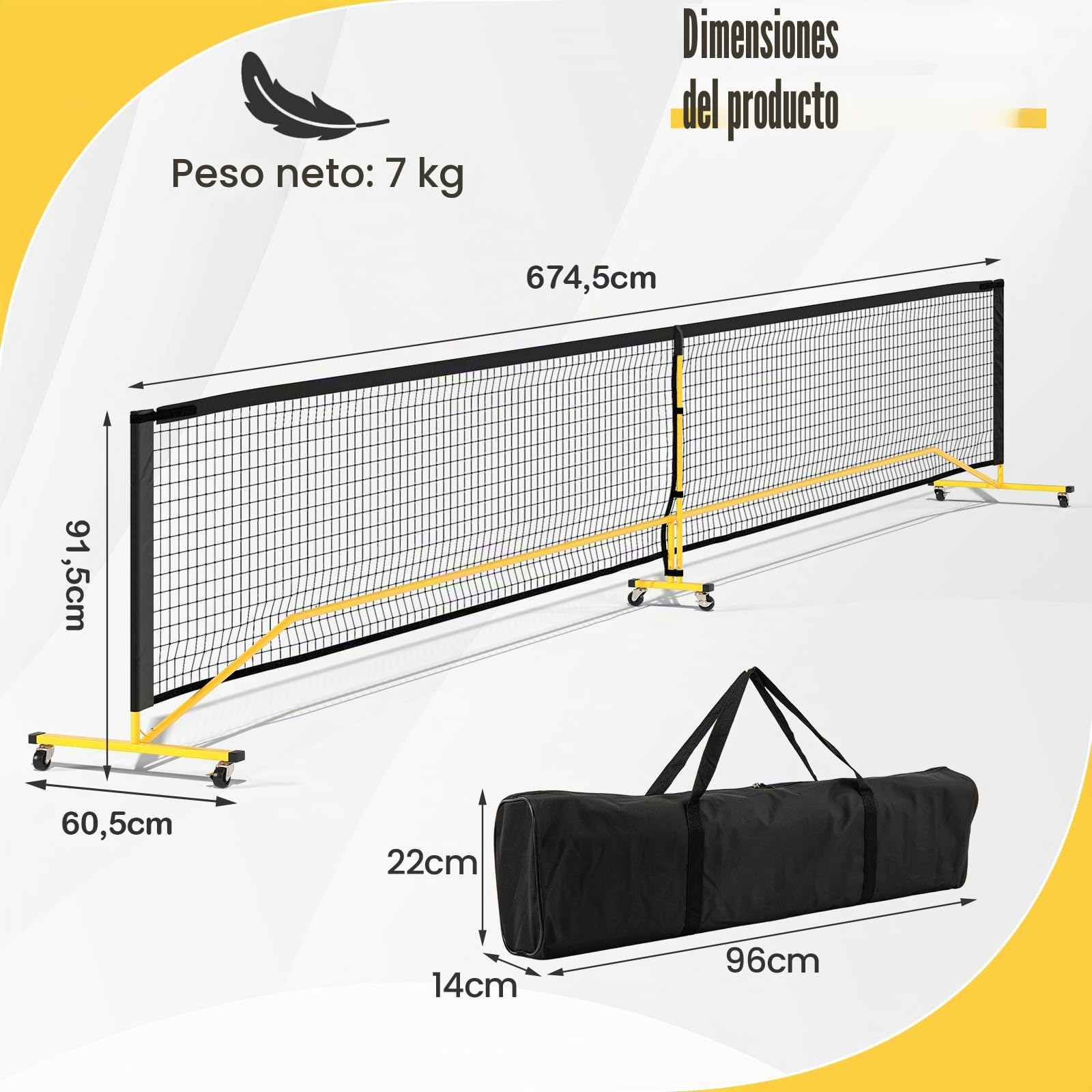 GYMAX Red de Pickleball Portátil 6,75 M, Red de Pickleball Regulatorio con Bolsa de Transporte, Sistema de Red de Pickleball con Red PE sin Nudos de 18 Hilos, Base Metálica para Exterior