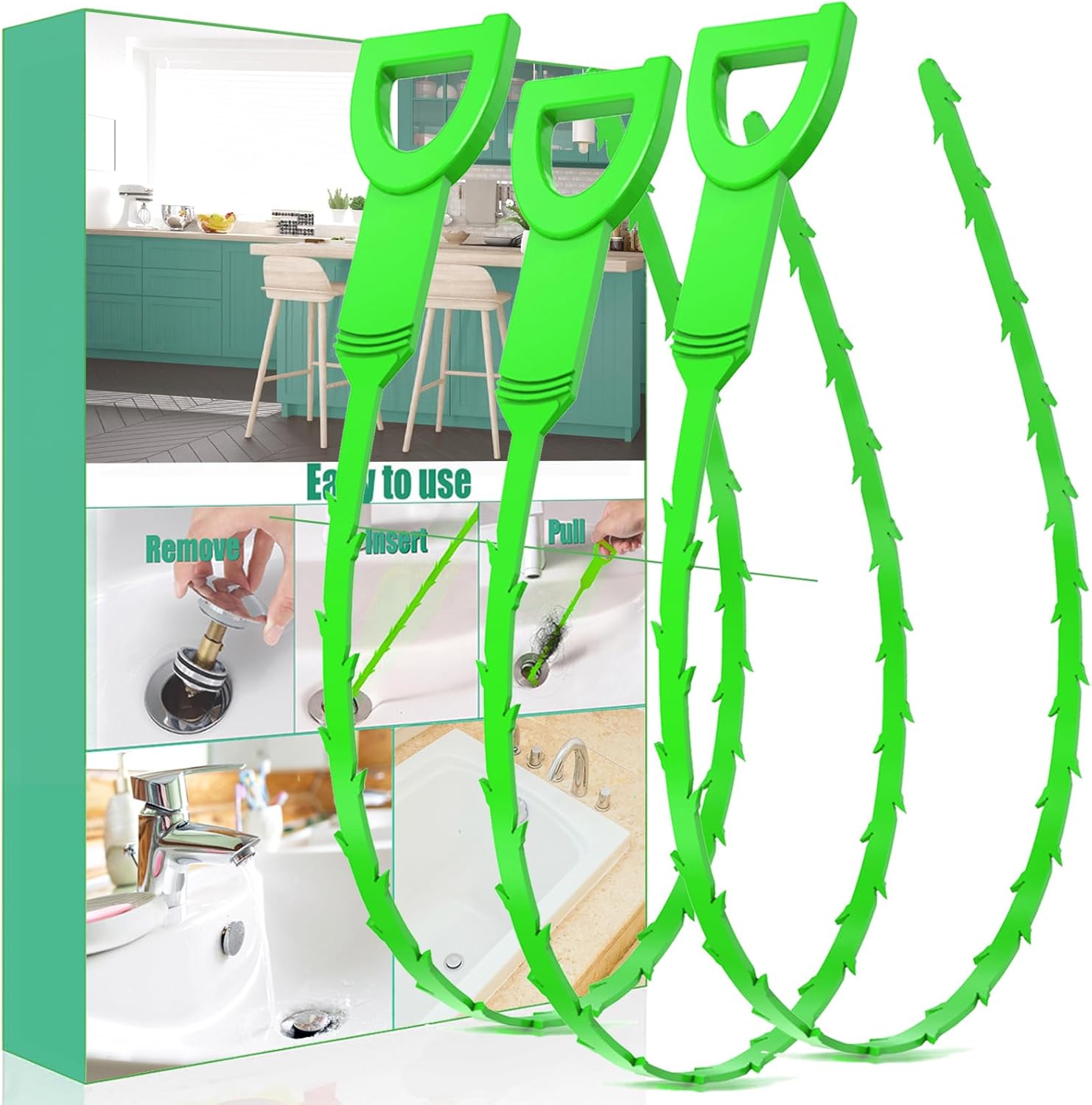 Longer Drain Clog Remover Sink Snake: 3 Pcs Hair Remover Tools for Shower Bath and Bathtub（25in Longer Size）