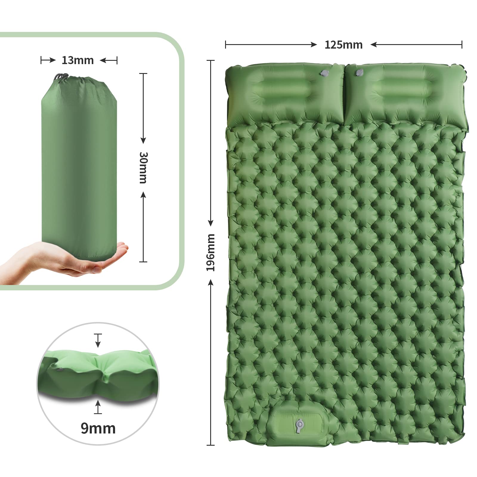 PHATRIP Materassino Da Campeggio Autogonfiante 200x65x5 Cm Con Cuscino – Schiuma Memory Foam, Valvola Rapida, Adatto A Tutte Le Stagioni, Pieghevole 22x22x35 Cm