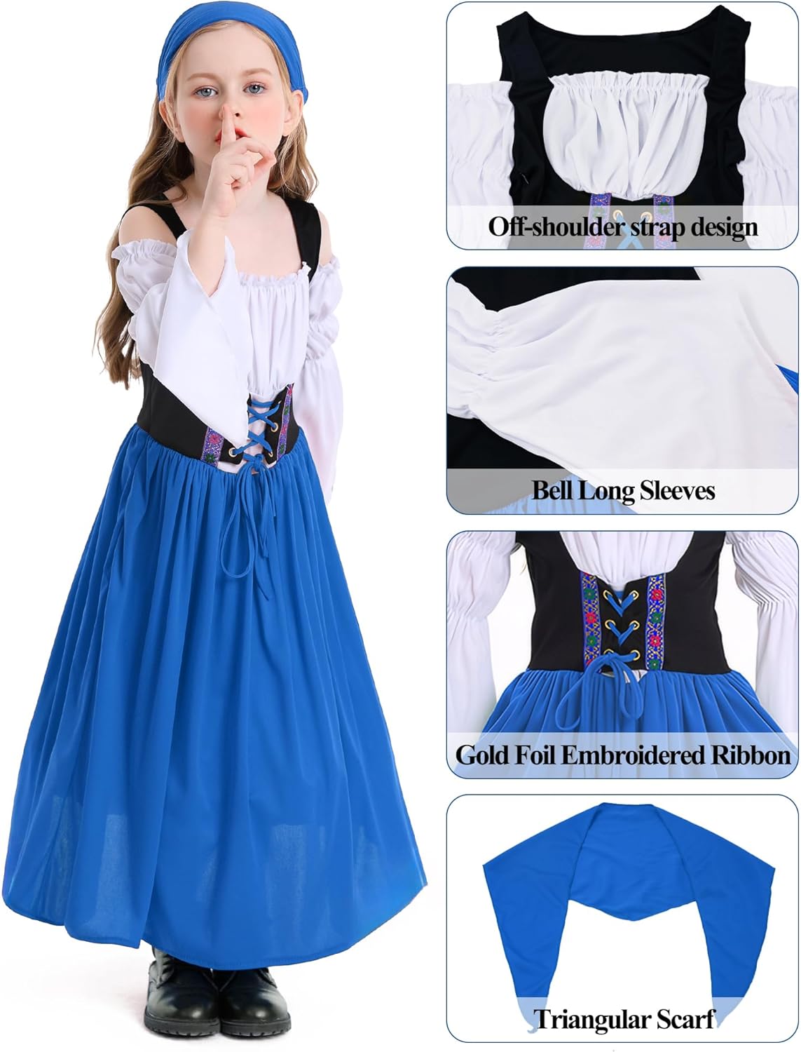 Happy Cherry Renaissance Dress for Kids Girls Medieval Princess Dresses Off Shoulder Bell Sleeve Victorian Dress 4-16Y