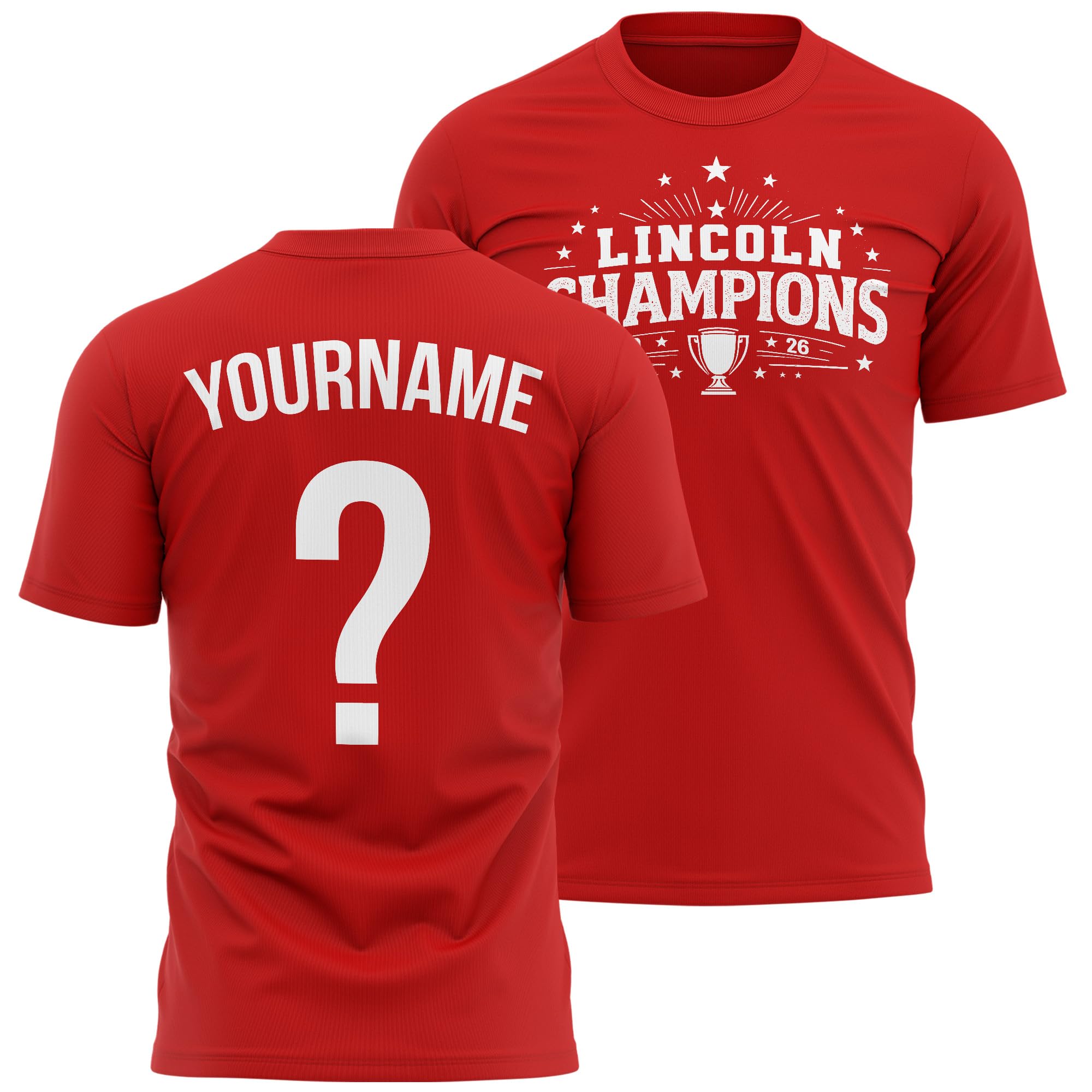 Custom Lincoln Champions Name and Number - Lincoln Personalised Supporter Tshirt Football Fan Tee Mens, XXL, Red