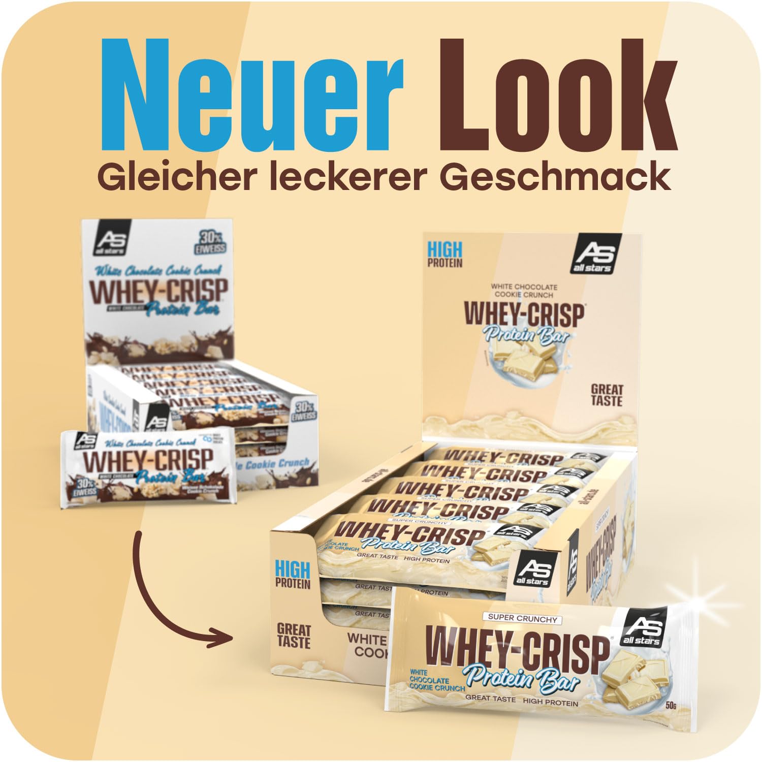 ALL STARS Whey-Crisp Protein Bars - White Chocolate Cookie Crunch - Protein Riegel überzogen mit Schokolade und verfeinert mit Whey-Crispies – mit 15g Eiweiß pro Riegel - 25x50g