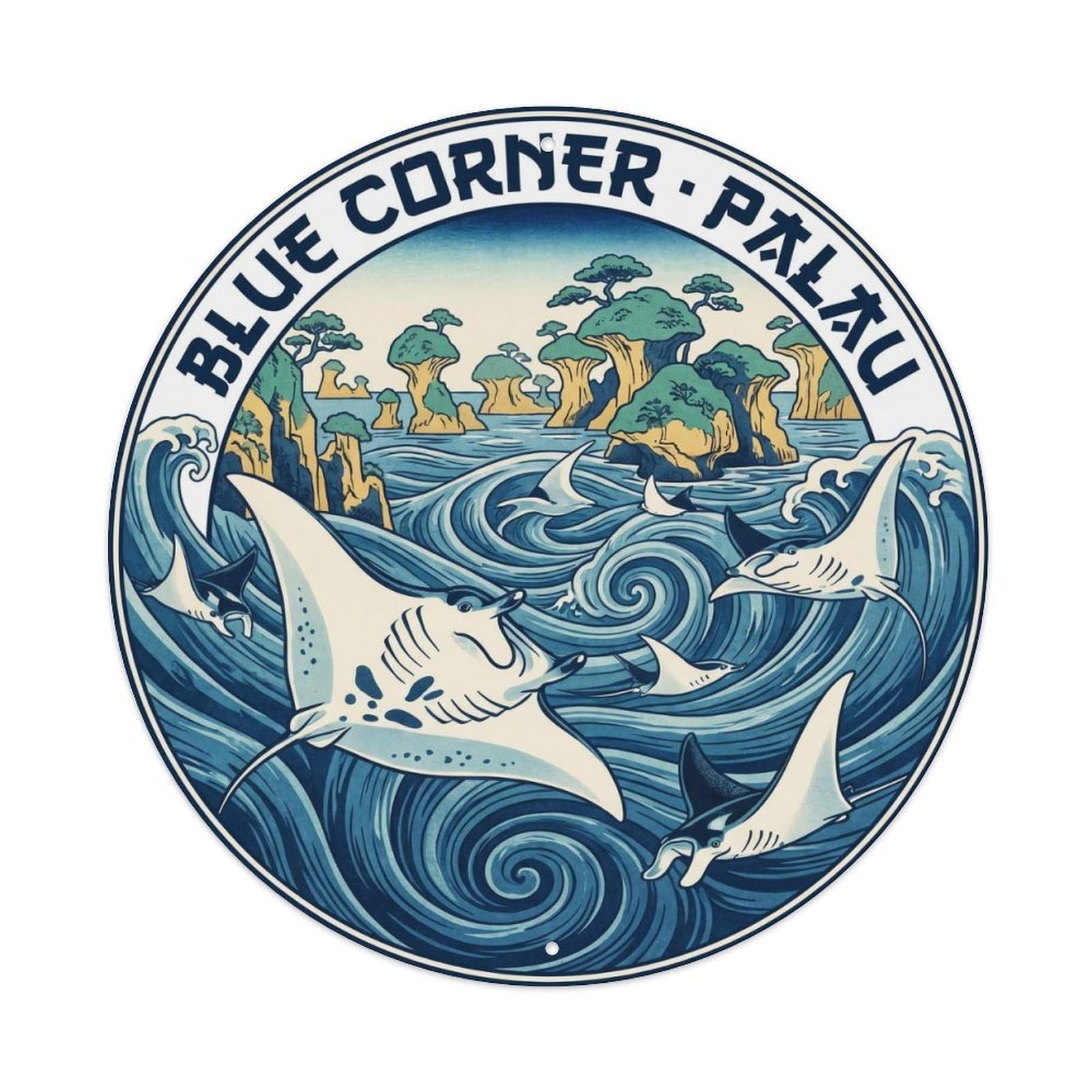 Olhnbad Style Palau Manta Ray Blue Corner Marine Wildlife Metal Tin Sign