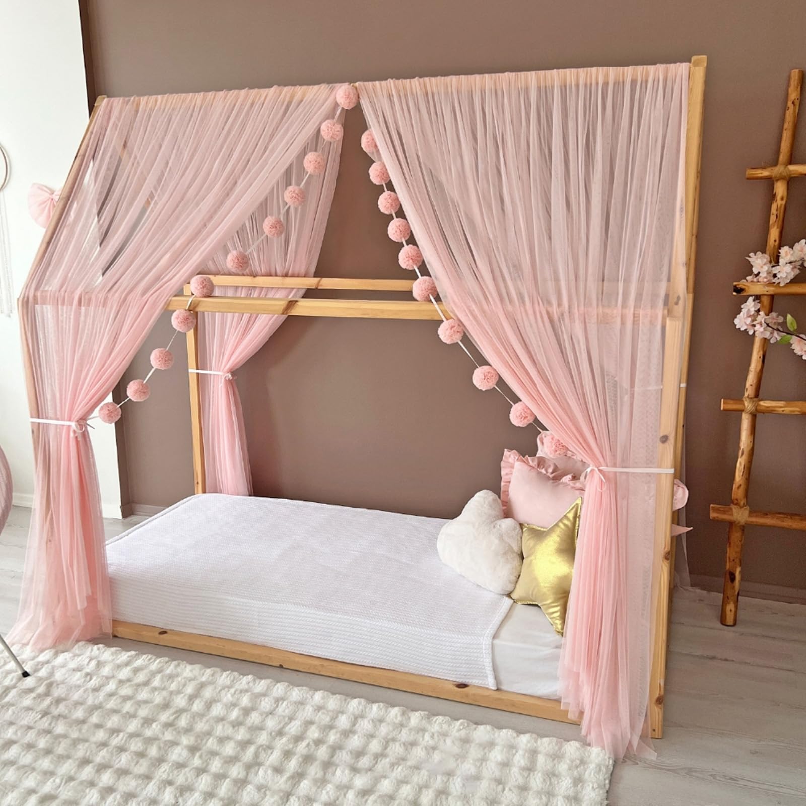 Toldo de cama estilo princesa para niñas, decoración de habitación de niños para camas Montessori, regalo de tul suave para niños pequeños (rosa bebé, 300 cm, sin accesorios)