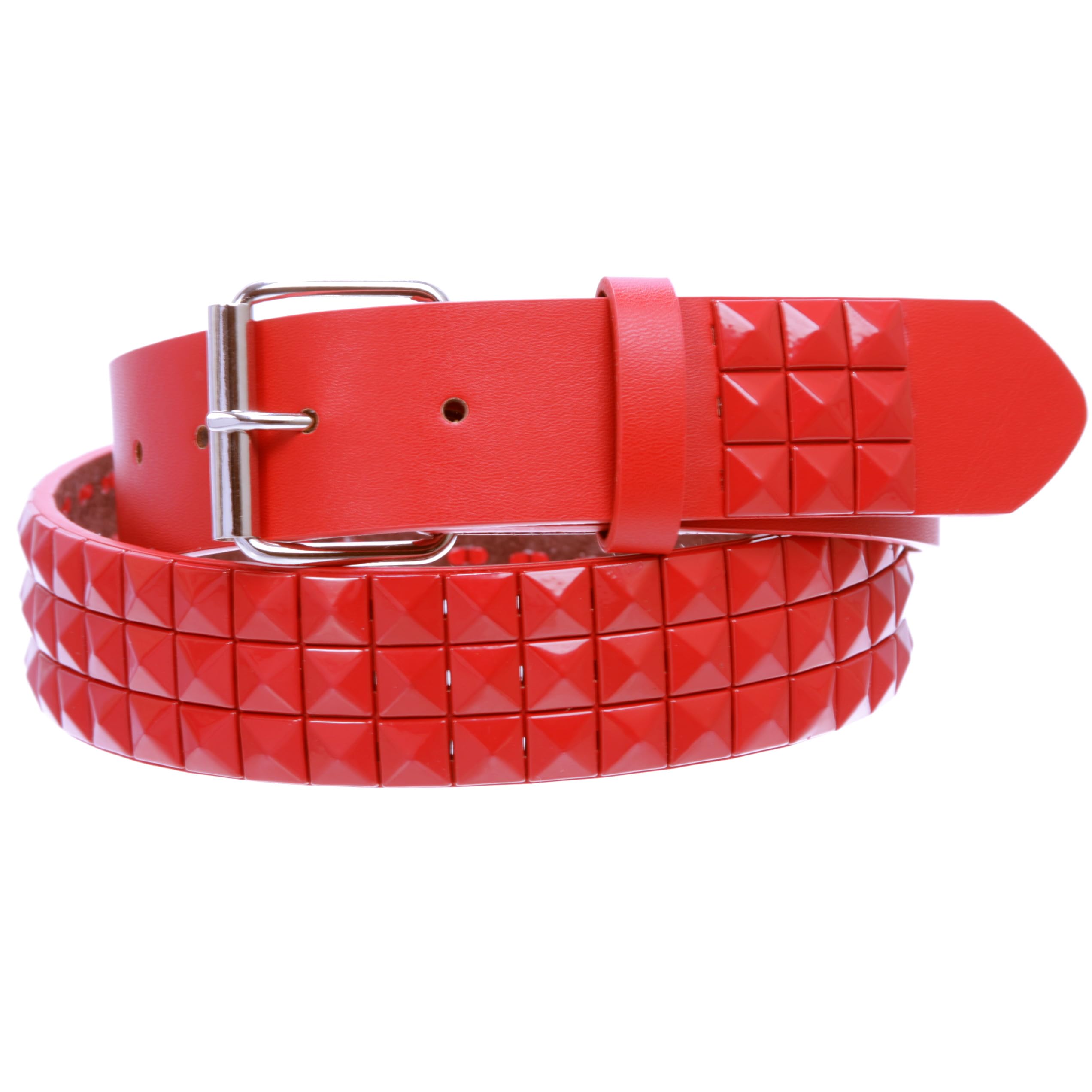 Snap On Solid Color Punk Rock Star Pyramid Studded Checker Board Leather Belt, Red | S 30