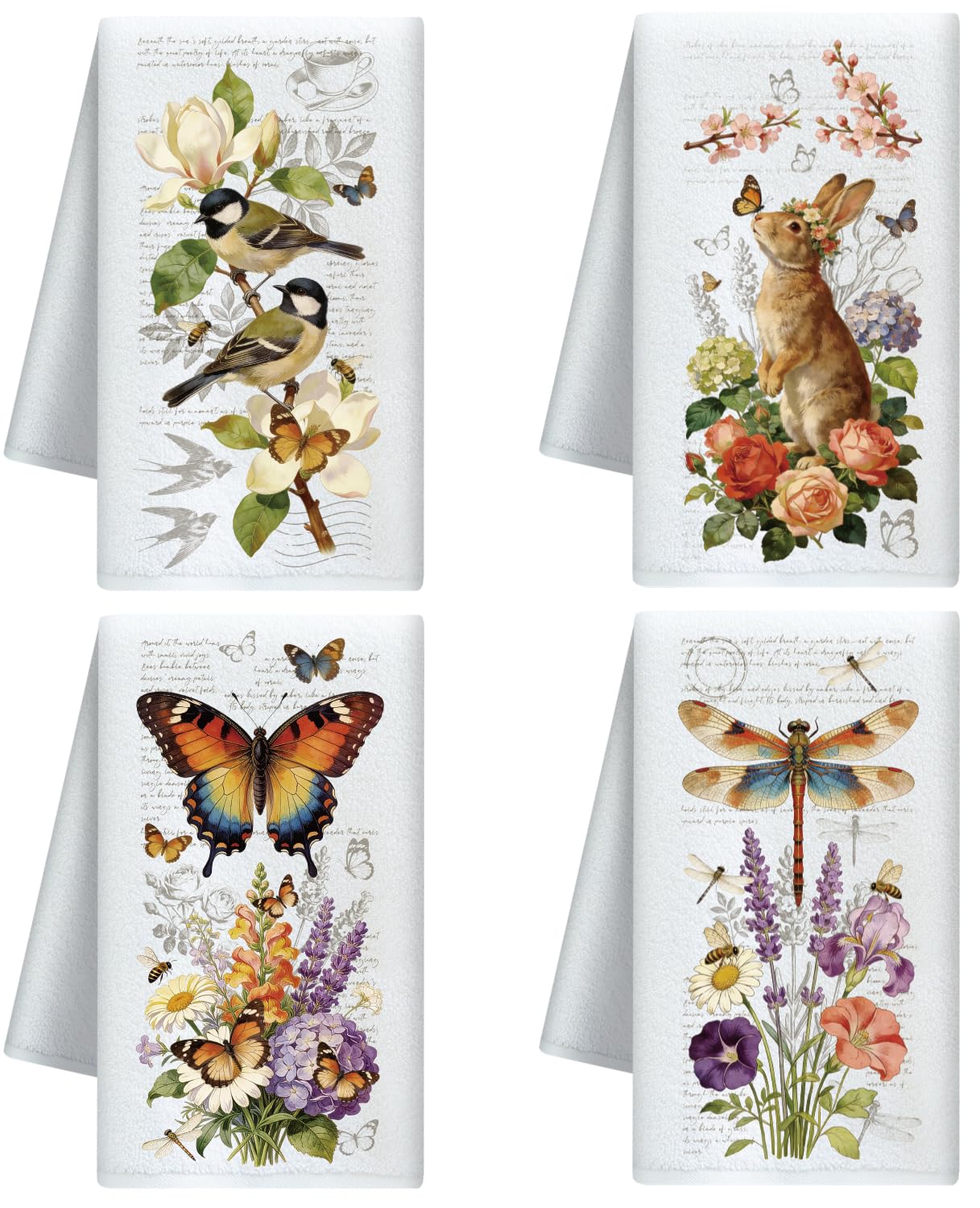 CUTHOLLOW 4Pcs Wildflowers and Animal Kitchen Towels Cute Tea Towels