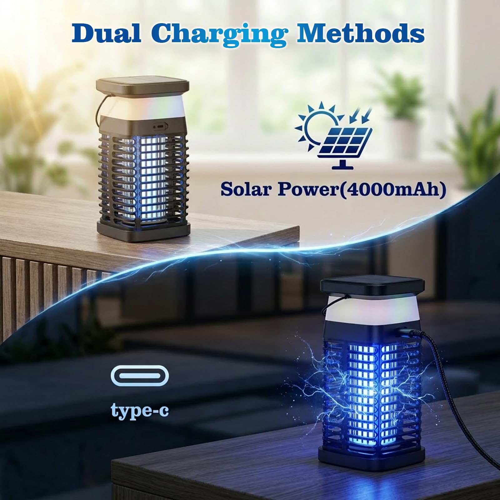 Qoosea Anti-Moustique Solaire Électrique, Lampe Tue-Moustiques avec Grille 4200V Recharge USB-C Batterie 4000mAh IP65 Étanche Piège à Insectes pour Maison Cuisine Chambre Jardin Intérieur et Extérieur
