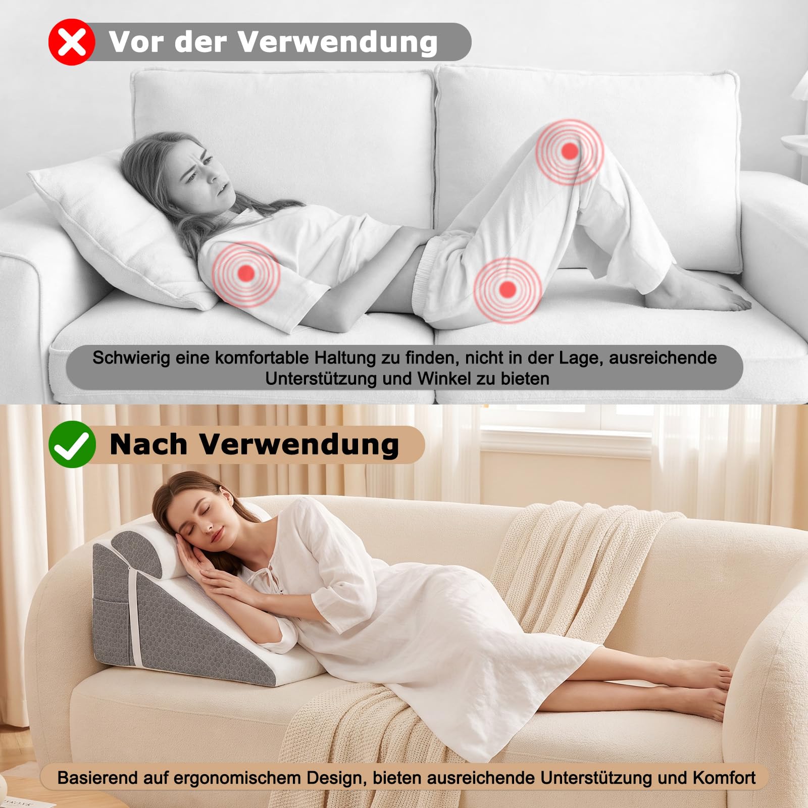Keilkissen für Bett und Sofa, Schaum Reflux Kissen, Orthopädisches Schlafapnoe Kissen, Dreieckiges Kissen, für Schnarchen, Rückenschmerzen Linderung, Beinhochlagerung, Erholung nach Operationen, Lesen