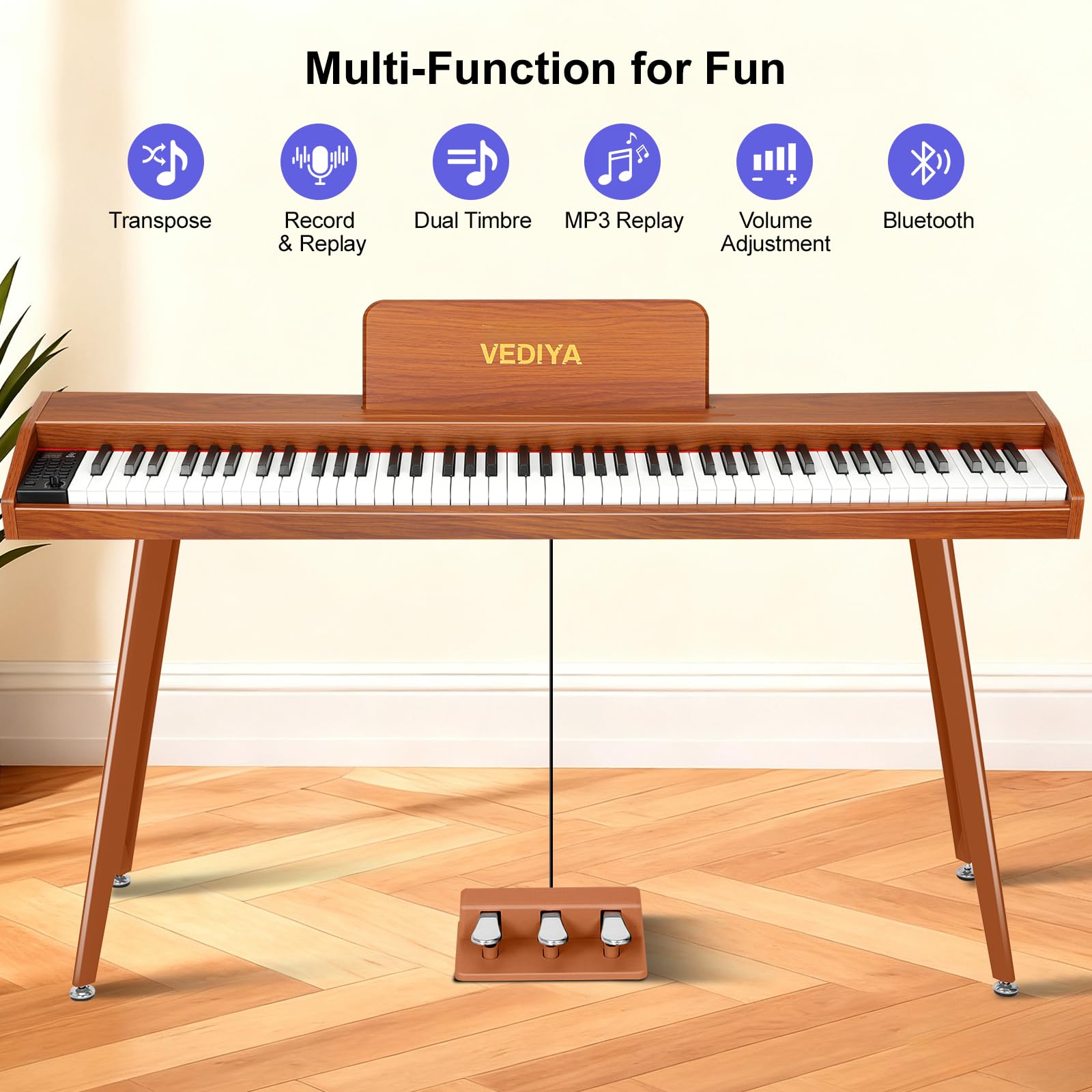88 Tasten Digital Piano Keyboard, Semi-Weighted Electric Piano, Full Size Piano Keyboard for Beginners with Triple Pedal, Sheet Music Stand, USB-MIDI Compatibility (Classic Brown)